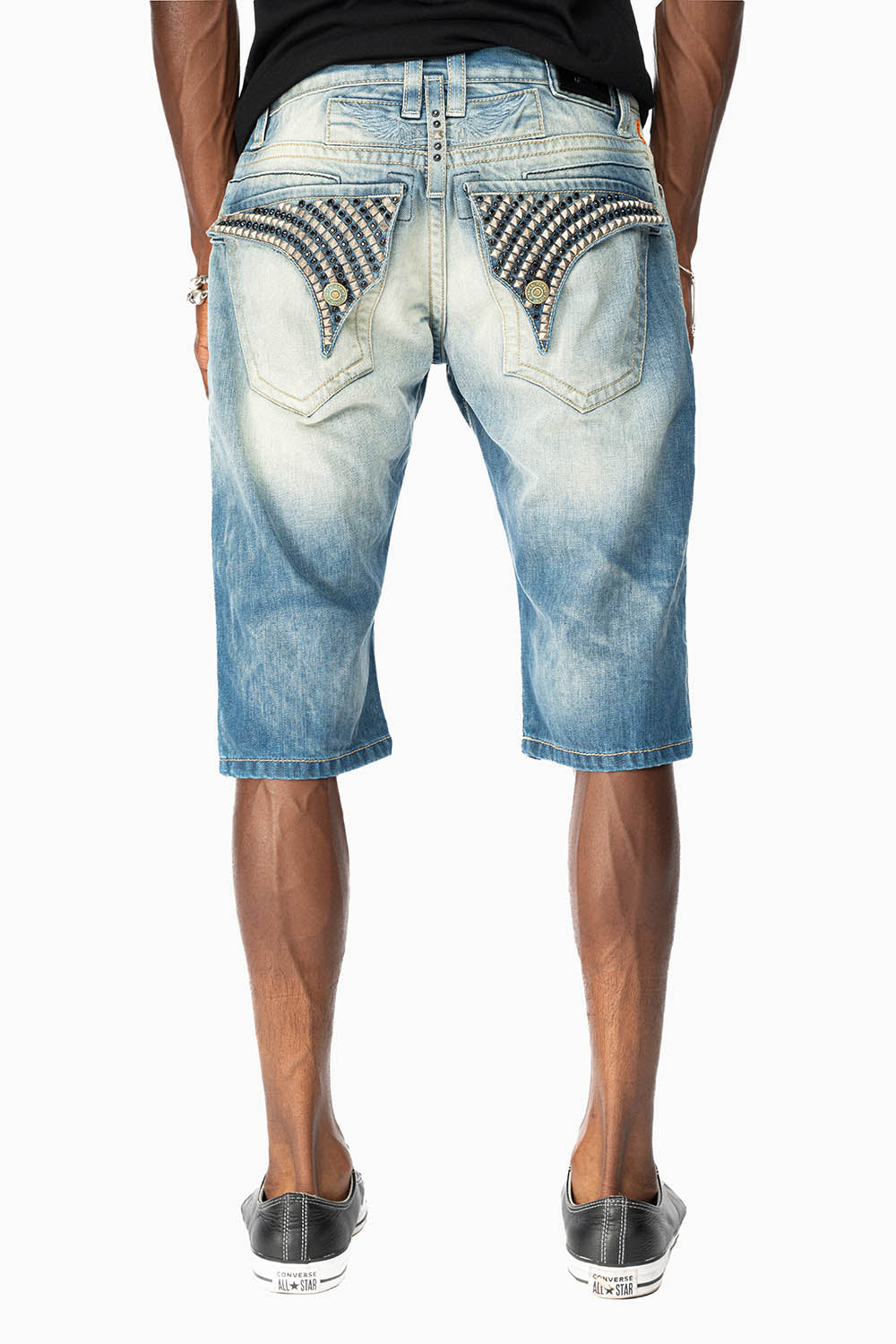 MENS SHORT WITH FLAP POCKETS IN OMAHA MEDIUM WASH WITH CRYSTALS AND  STUDS - Image 5