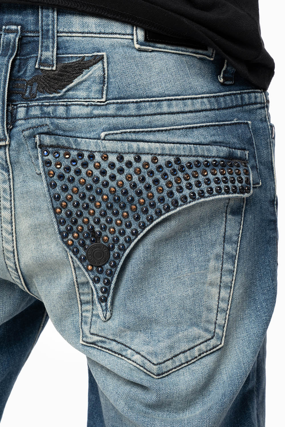 LONG FLAP MENS SKINNY JEANS IN ALBANY DARK BROKEN WASH WITH MONTANA BLUE AND SMOKY TOPAZ CRYSTALS - Image 3