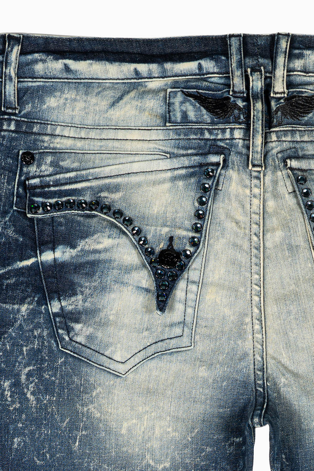 LONG FLAP MENS SKINNY JEANS IN BLUE 5D DARK BROKEN WASH WITH MONTANA BLUE CRYSTALS - Image 2