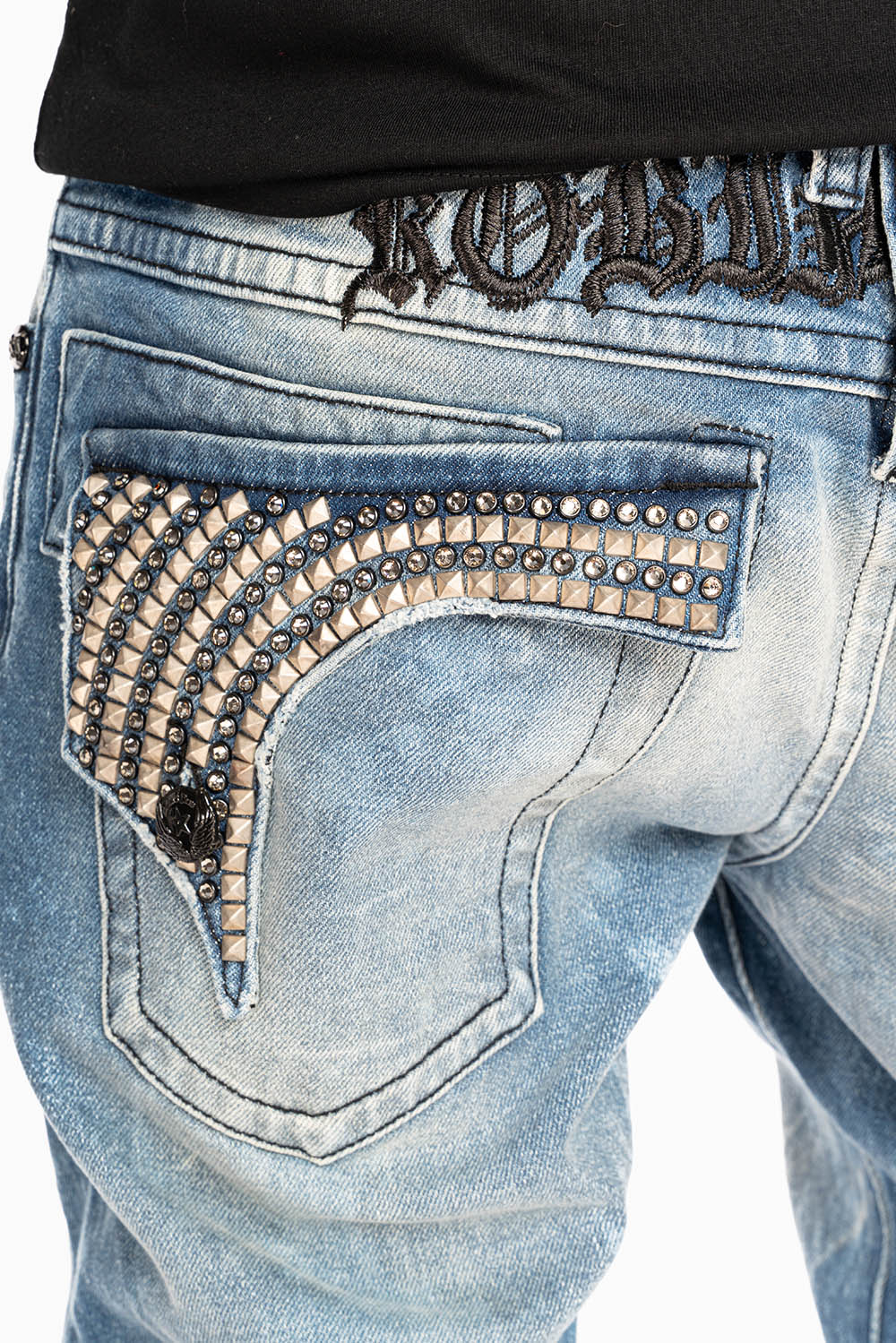 LONG FLAP SKINNY JEANS IN CRYSTAL BLUE WASH WITH STUDS AND CRYSTALS - Image 3