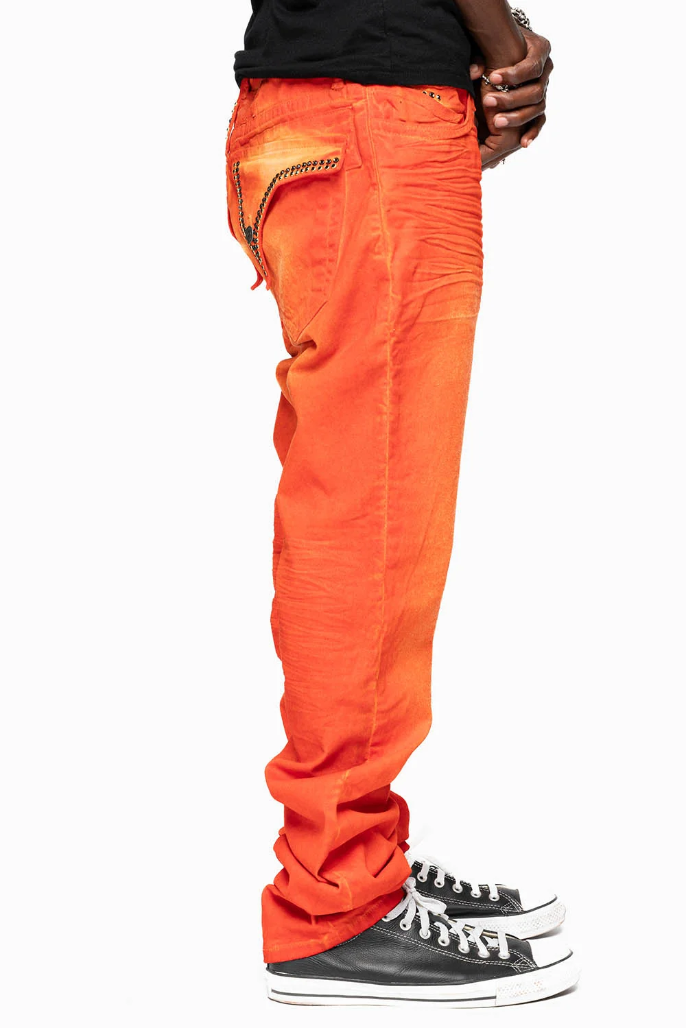 LONG FLAP SLIM FIT MENS JEANS IN SUEDE TANGERINE WITH CRYSTALS - Image 3