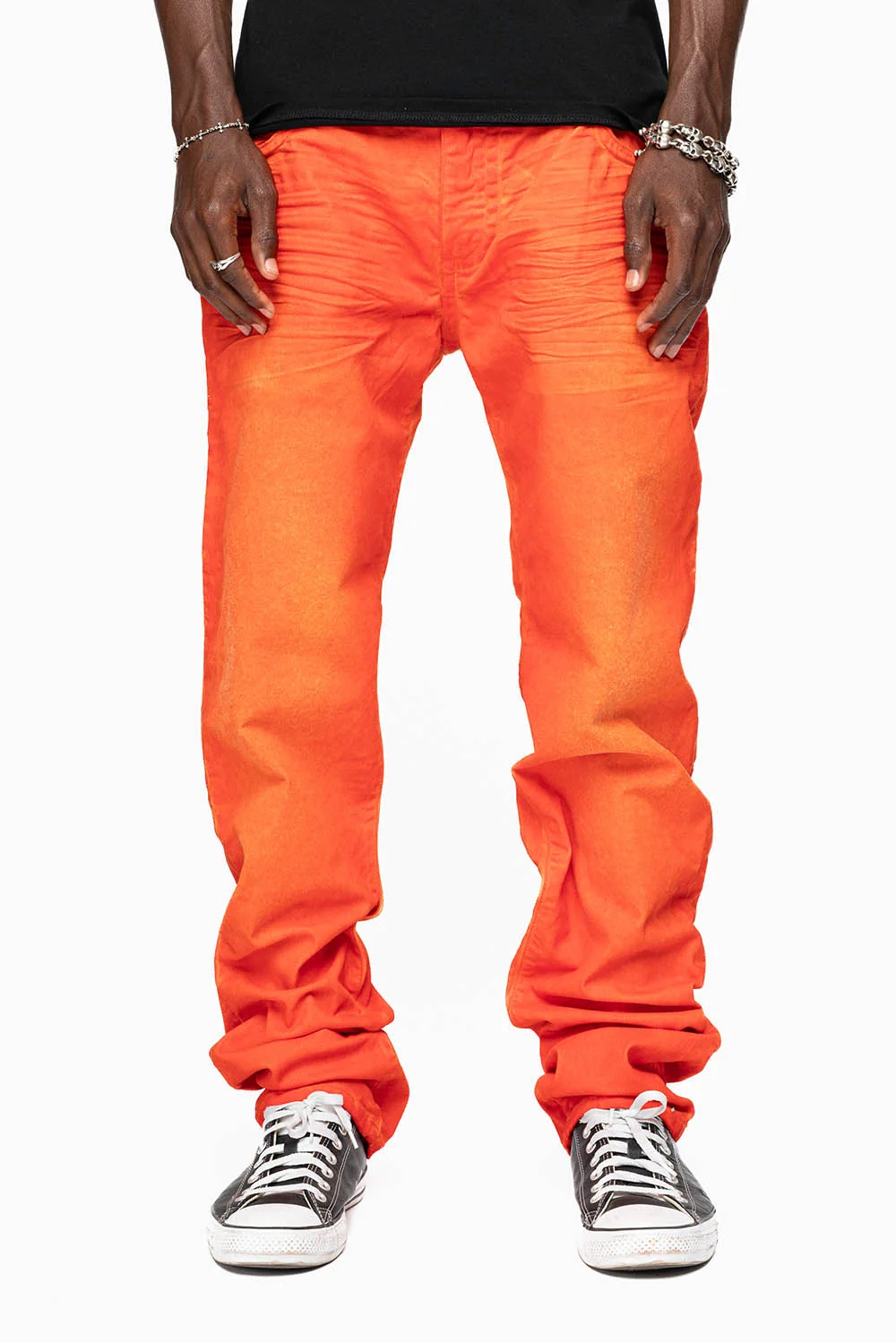 LONG FLAP SLIM FIT MENS JEANS IN SUEDE TANGERINE WITH CRYSTALS - Image 4