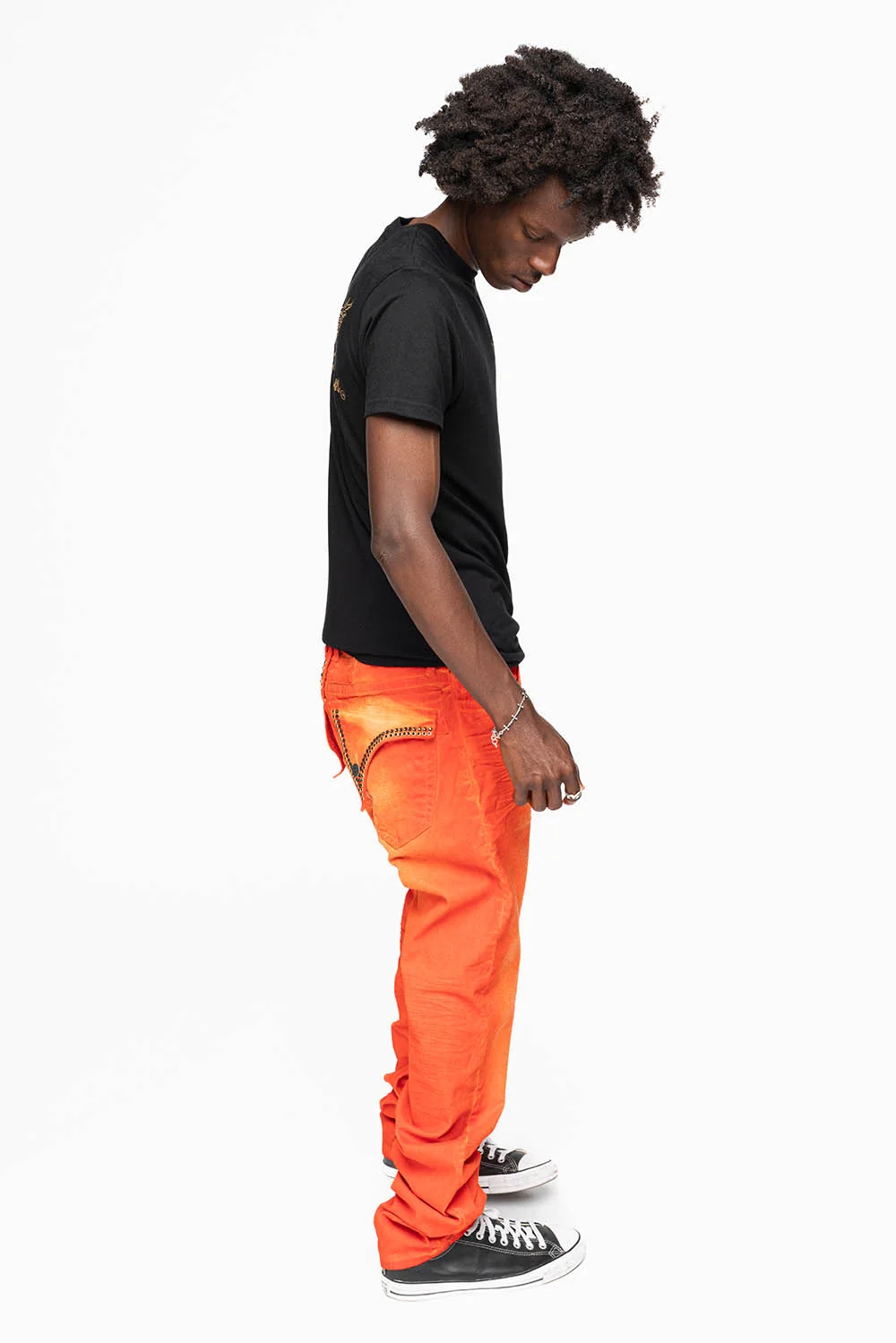 LONG FLAP SLIM FIT MENS JEANS IN SUEDE TANGERINE WITH CRYSTALS - Image 7