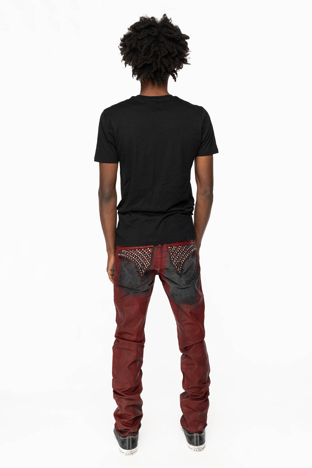 LONG FLAP SLIM FIT MENS JEANS WITH CRYSTALS & STUDS IN BLACK IRENE RED COATED WASH - Image 5