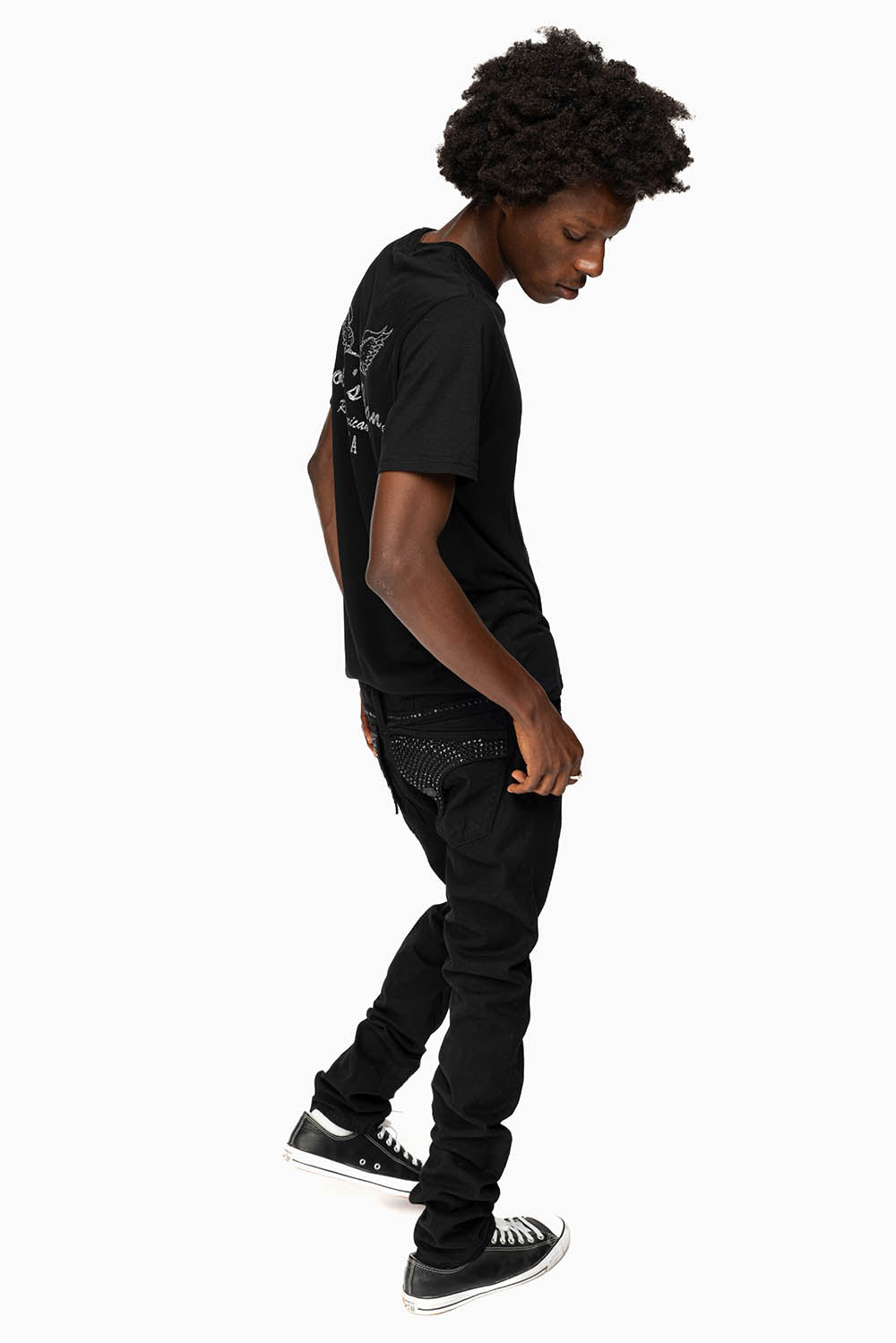 LONG FLAP SLIM FIT MENS JEANS WITH JET BLK CRYSTALS IN OVER-DYE BLACK - Image 4