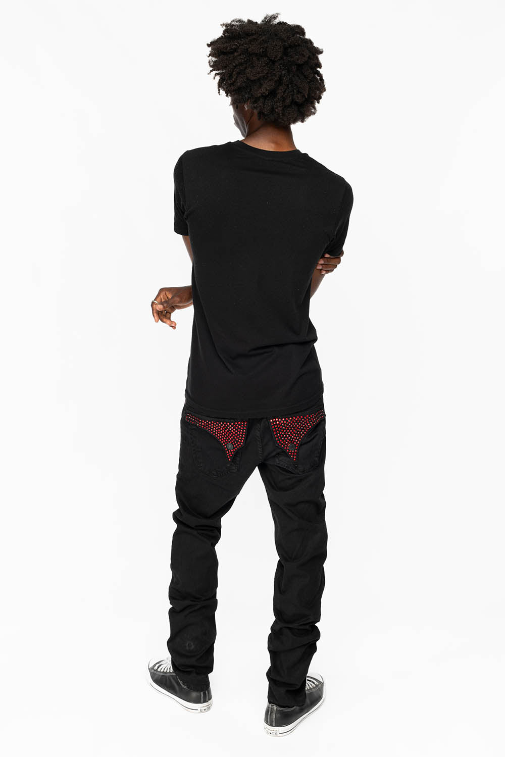 LONG FLAP SLIM FIT MENS JEANS WITH RED CRYSTALS IN ANTIQUE BLACK - Image 2