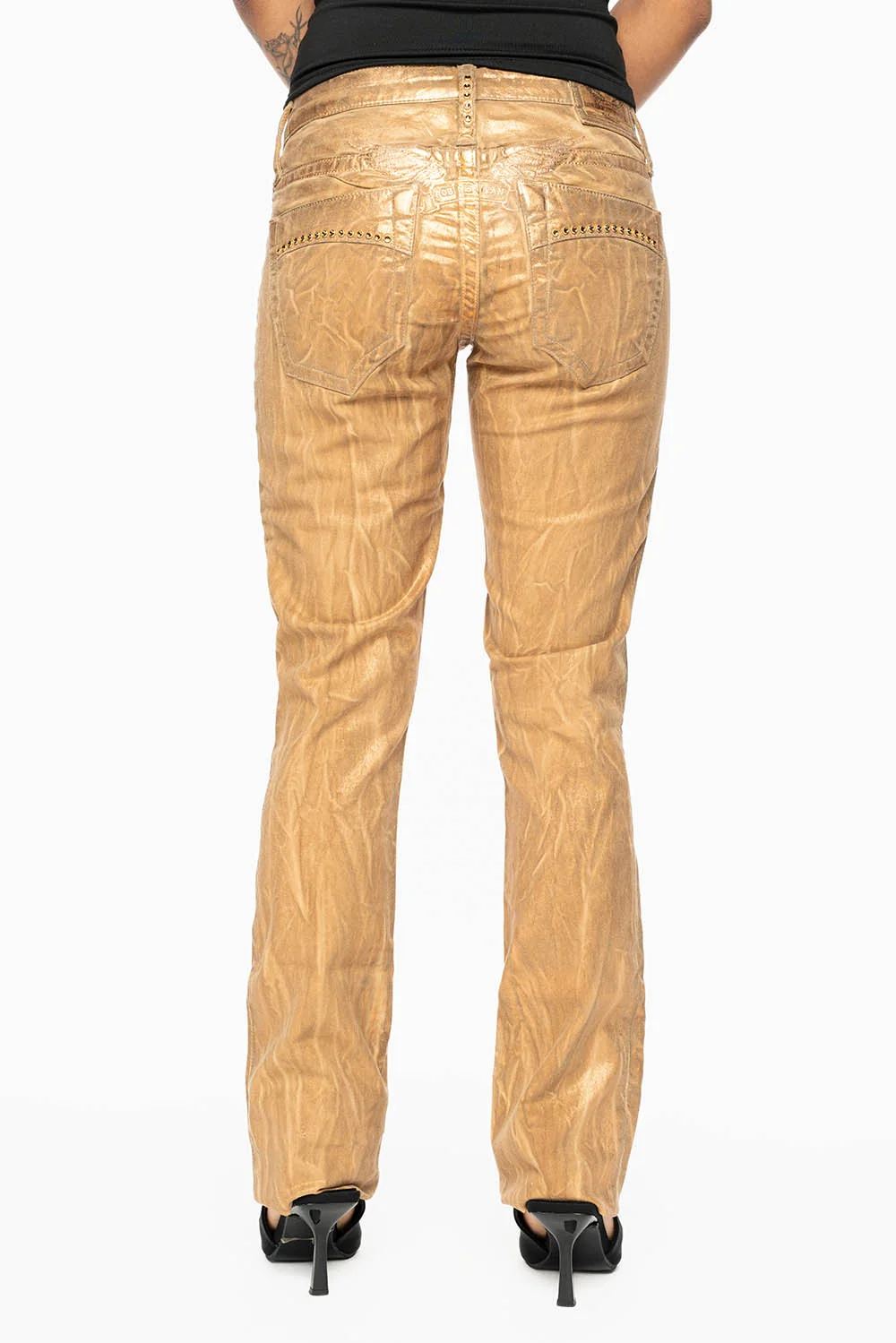 MARILYN LOW RISE WOMENS JEANS IN BRONZE FOIL WITH TONAL WINGS & SMOKY TOPAZ CRYSTALS - Image 5