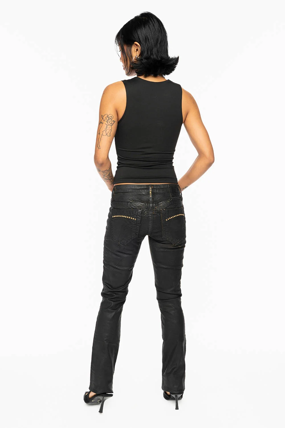 MARILYN LOW RISE WOMENS JEANS IN CUIR BLK  WITH TONAL WINGS & AURUM CRYSTALS - Image 8
