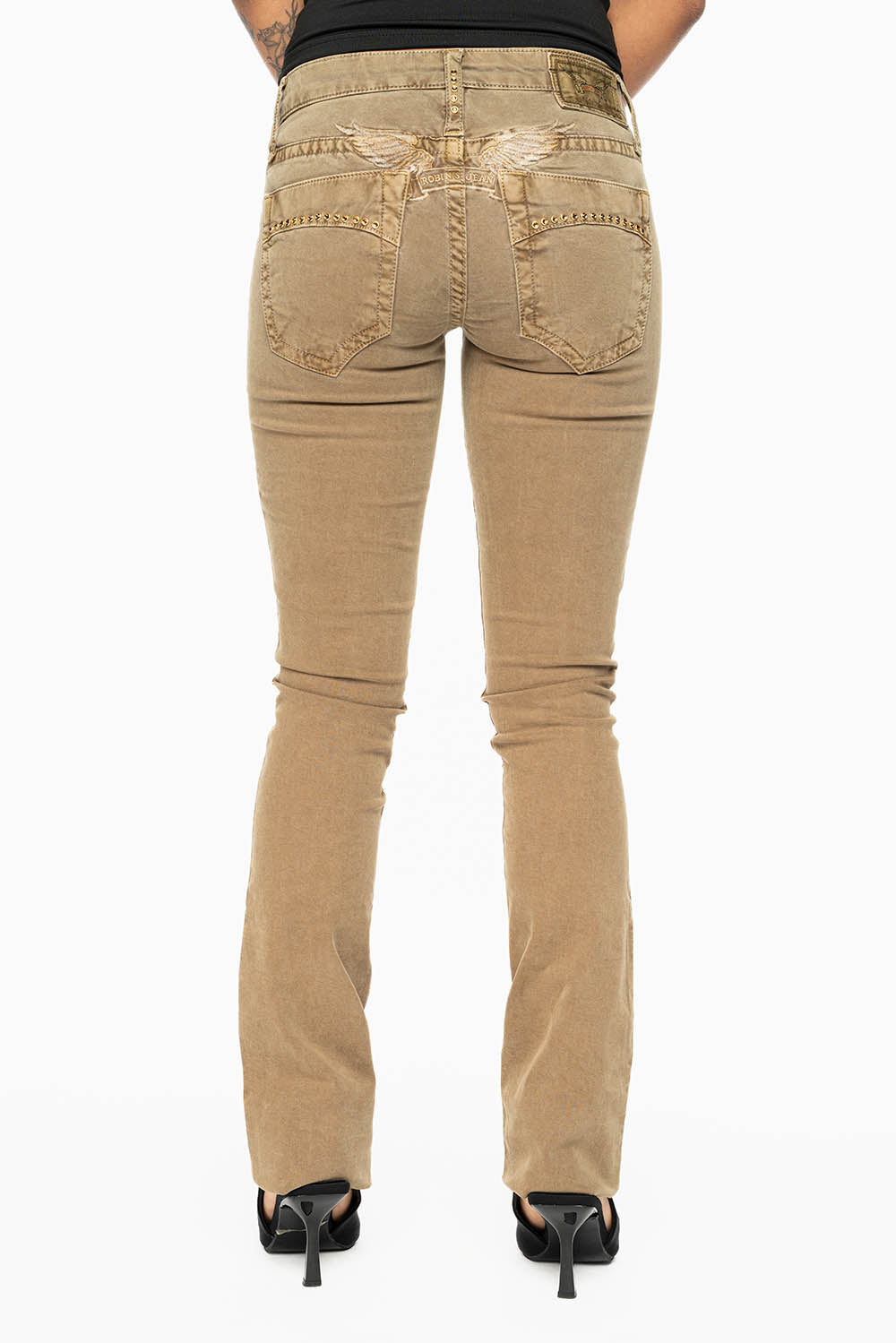 MARILYN LOW RISE WOMENS JEANS IN KANGAROO WITH TONAL WINGS & SMOKY TOPAZ CRYSTALS - Image 3