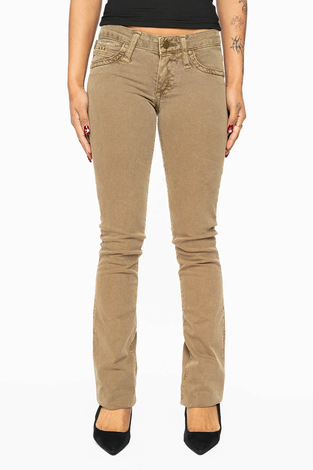 MARILYN LOW RISE WOMENS JEANS IN KANGAROO WITH TONAL WINGS & SMOKY TOPAZ CRYSTALS - Image 4