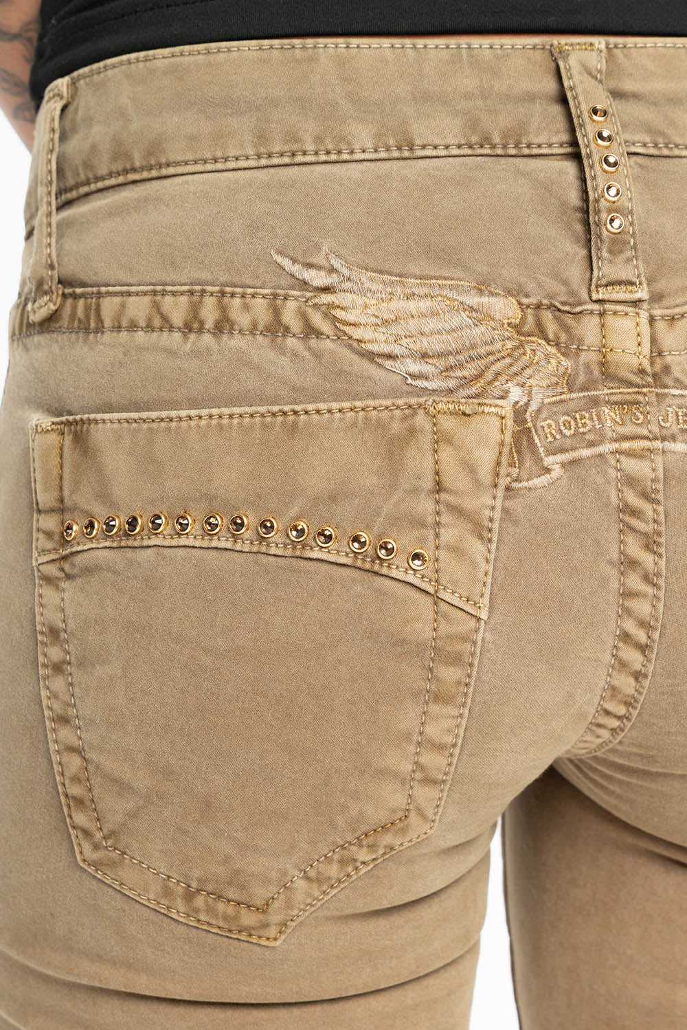 MARILYN LOW RISE WOMENS JEANS IN KANGAROO WITH TONAL WINGS & SMOKY TOPAZ CRYSTALS - Image 5