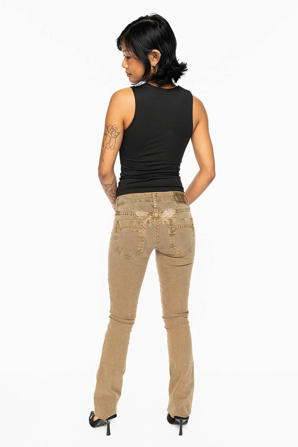 MARILYN LOW RISE WOMENS JEANS IN KANGAROO WITH TONAL WINGS & SMOKY TOPAZ CRYSTALS - Image 8