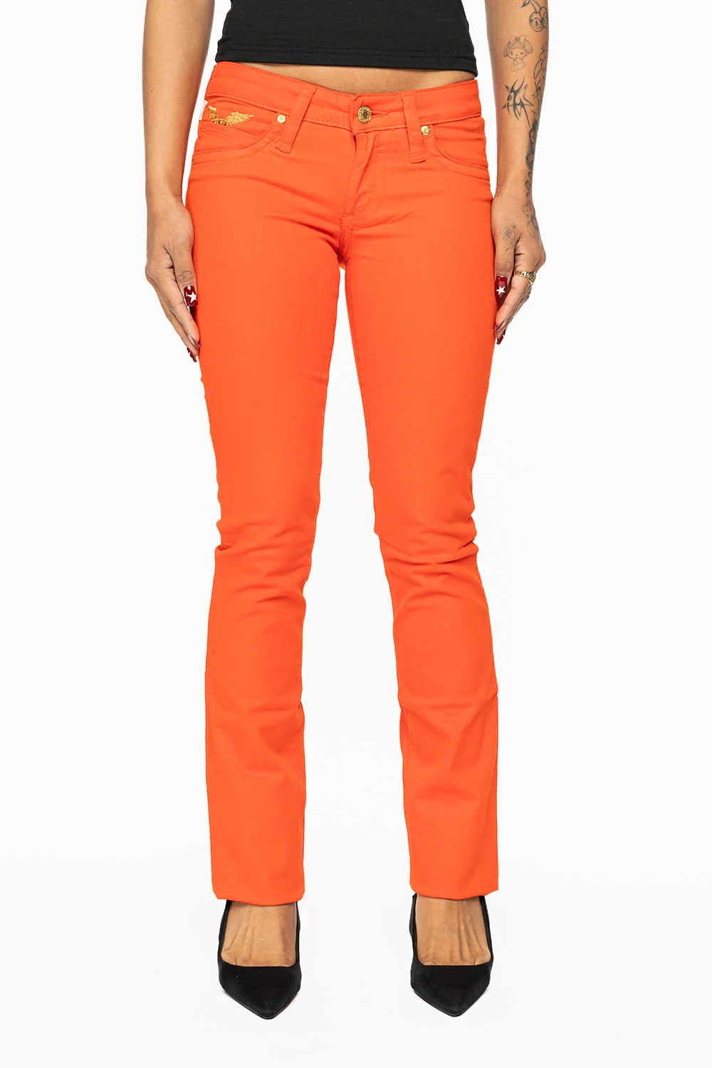 MARILYN LOW RISE WOMENS JEANS IN TANGERINE WASH WITH GOLD WINGS & AURUM CRYSTALS - Image 4