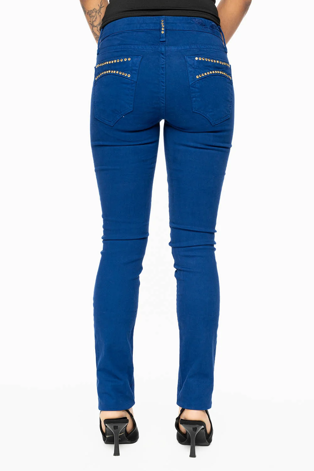 MARILYN LOW RISE WOMENS SKINNY JEANS IN ROYAL BLUE WASH WITH AURUM CRYSTALS - Image 3