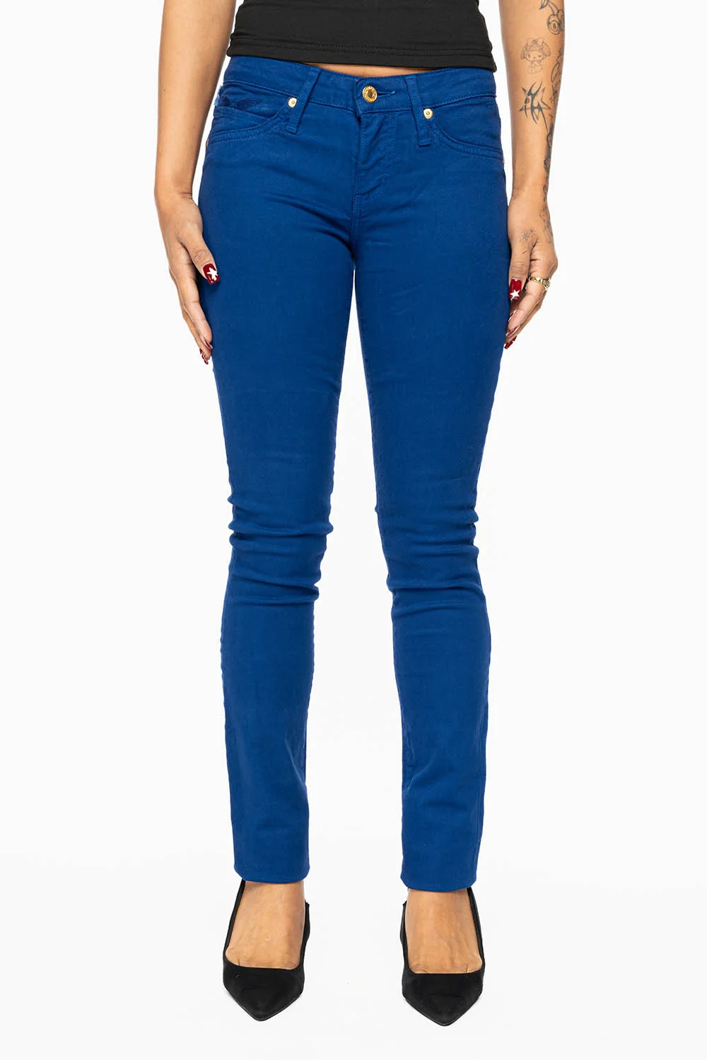 MARILYN LOW RISE WOMENS SKINNY JEANS IN ROYAL BLUE WASH WITH AURUM CRYSTALS - Image 4