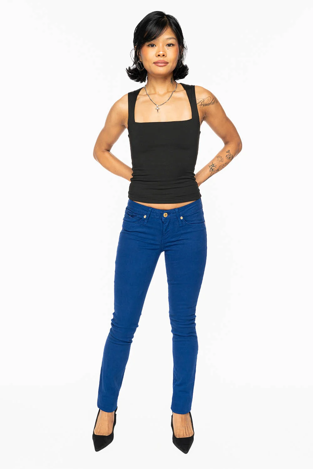 MARILYN LOW RISE WOMENS SKINNY JEANS IN ROYAL BLUE WASH WITH AURUM CRYSTALS - Image 7