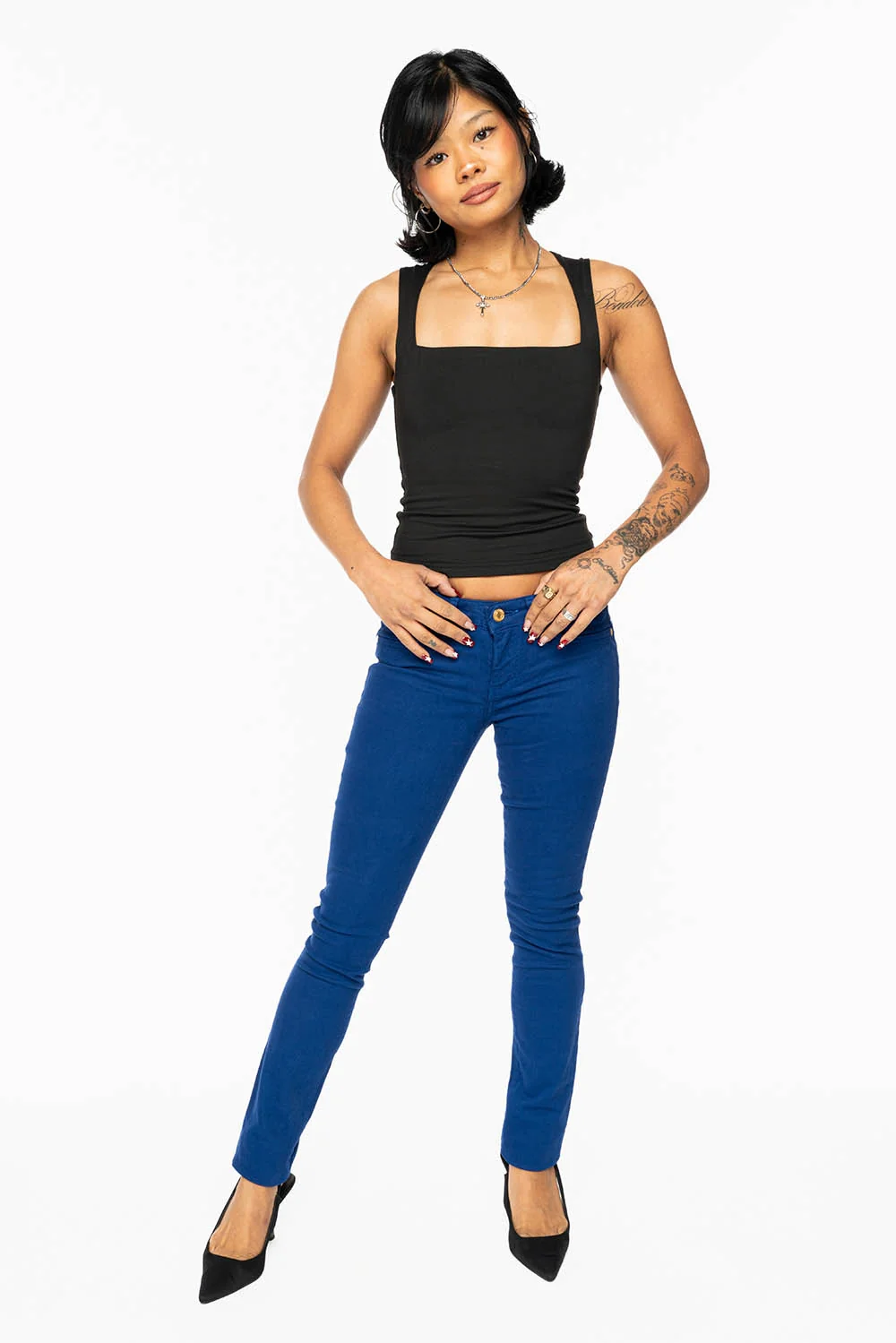 MARILYN LOW RISE WOMENS SKINNY JEANS IN ROYAL BLUE WASH WITH AURUM CRYSTALS - Image 9