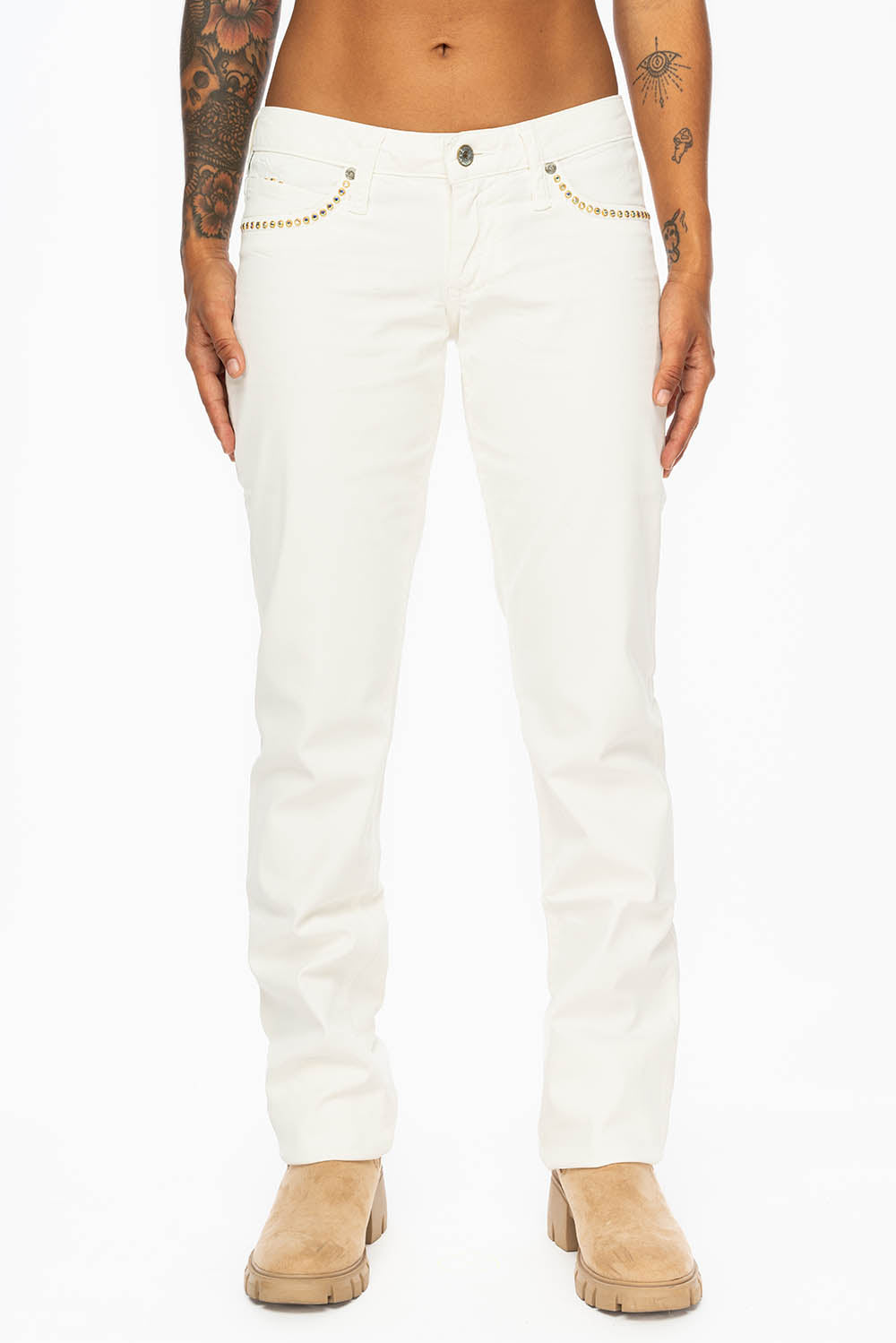 MARILYN LOW RISE WOMENS STRAIGHT LEG JEANS IN WHITE COATED WAX WITH AB CRYSTALS - Image 4