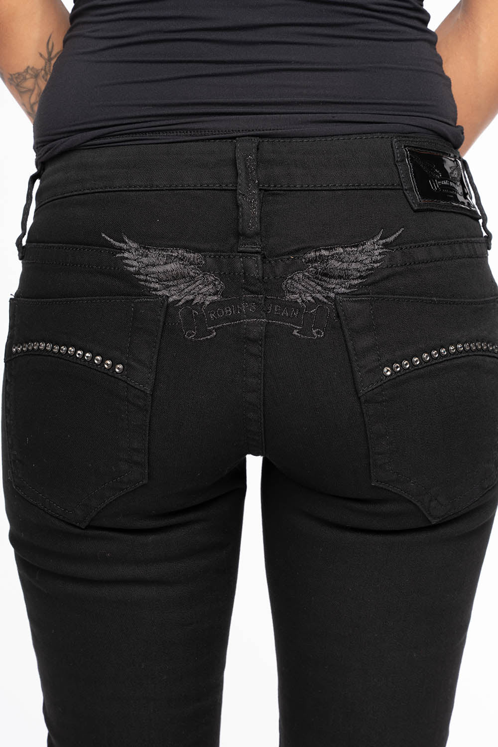 MARILYN WOMENS DISTRESSED & REPAIRED  SKINNY JEANS IN BLACK EMBELLISHED WITH STUDS &  CRYSTALS - Image 4