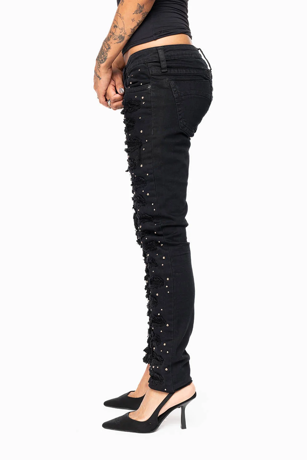 MARILYN WOMENS DISTRESSED & REPAIRED STUDDED SKINNY JEANS IN BLACK EMBELLISHED WITH STUDS & CRYSTALS - Image 4