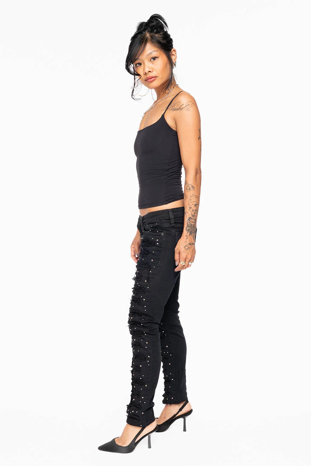 MARILYN WOMENS DISTRESSED & REPAIRED STUDDED SKINNY JEANS IN BLACK EMBELLISHED WITH STUDS & CRYSTALS - Image 7