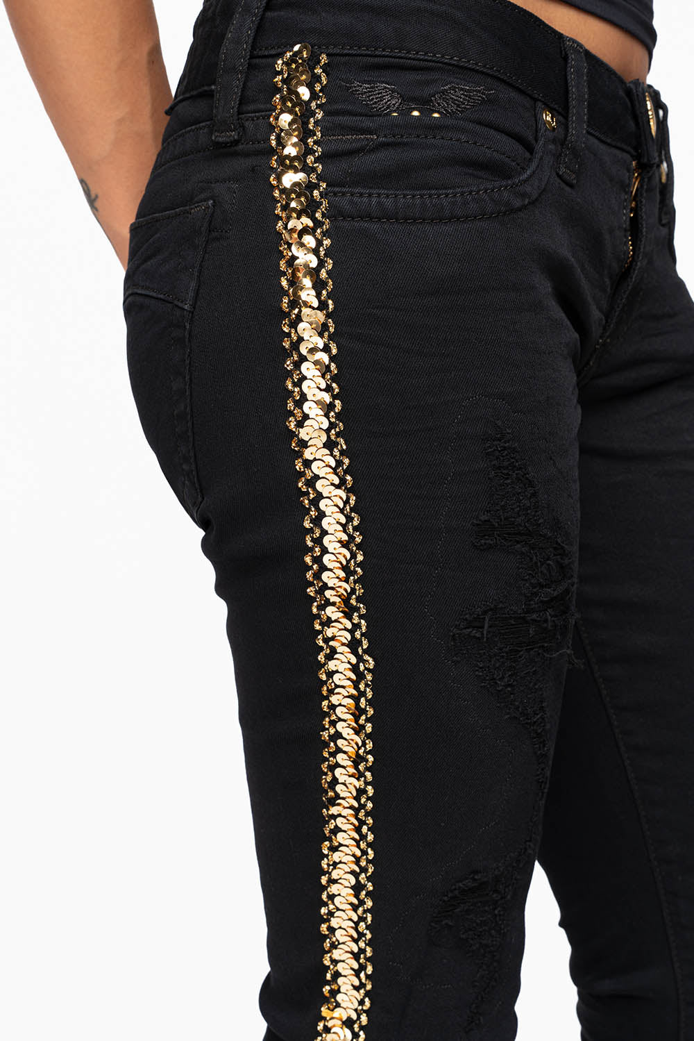 MARILYN WOMENS SKINNY JEAN BROKEN REPAIRED PURE BLK EMBELLISHED WITH GOLD SEQUINS STRIPE - Image 2