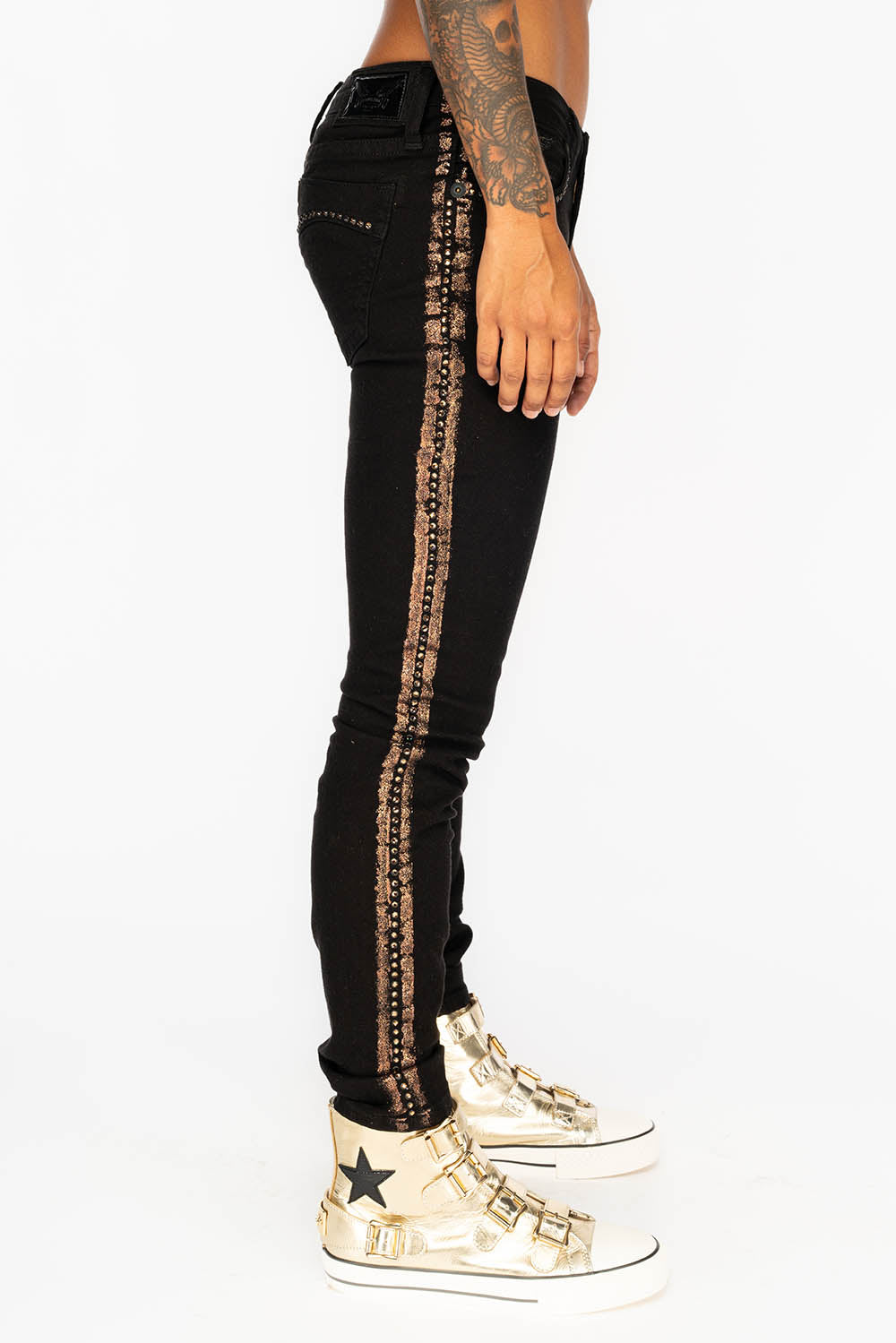 MARILYN WOMENS SKINNY JEANS IN BLACK WITH COPPER GLITTER TUXEDO STRIPE WITH SMOKEY TOPAZ CRYSTALS
