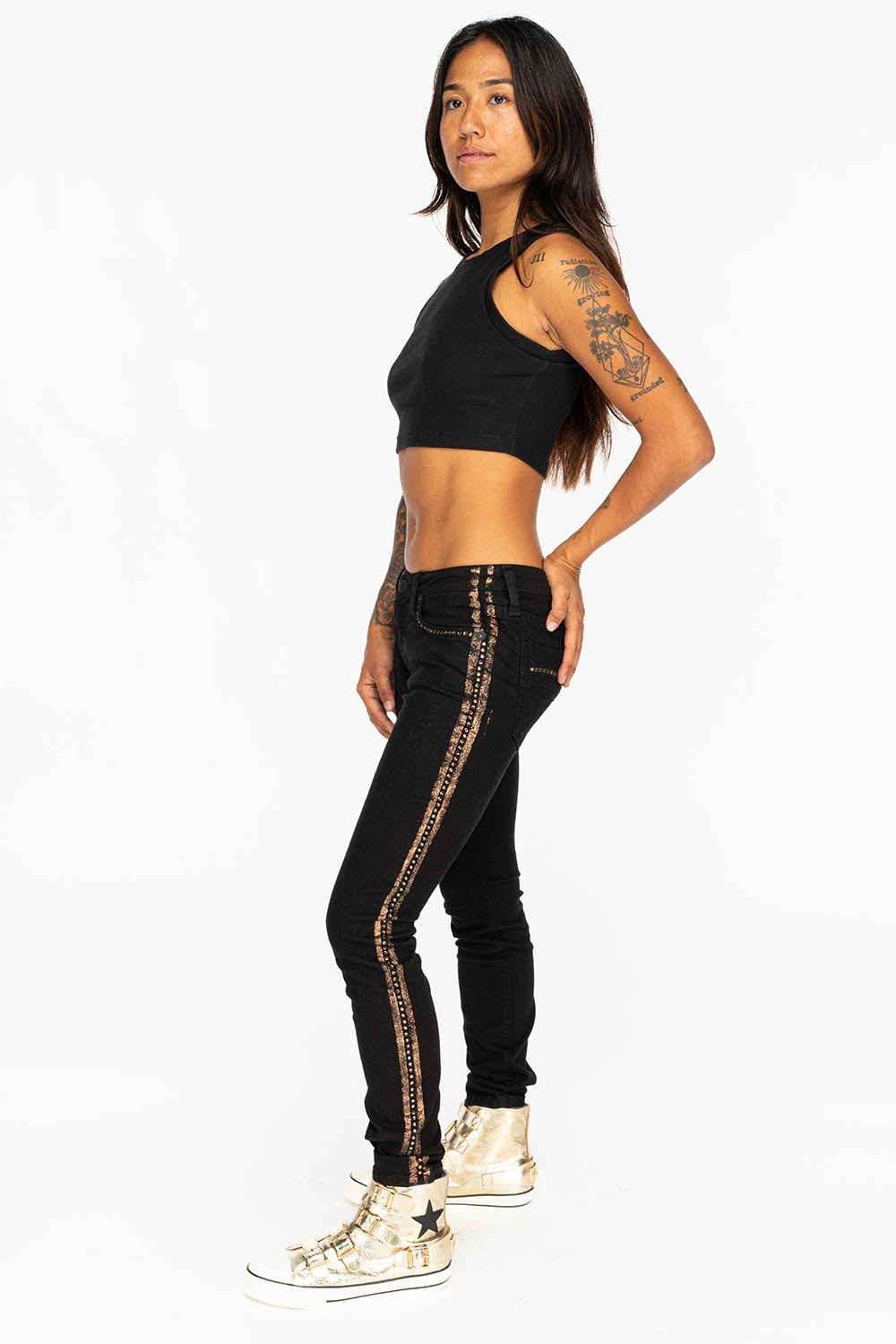 MARILYN WOMENS SKINNY JEANS IN BLACK WITH COPPER GLITTER TUXEDO STRIPE WITH SMOKEY TOPAZ CRYSTALS - Image 5