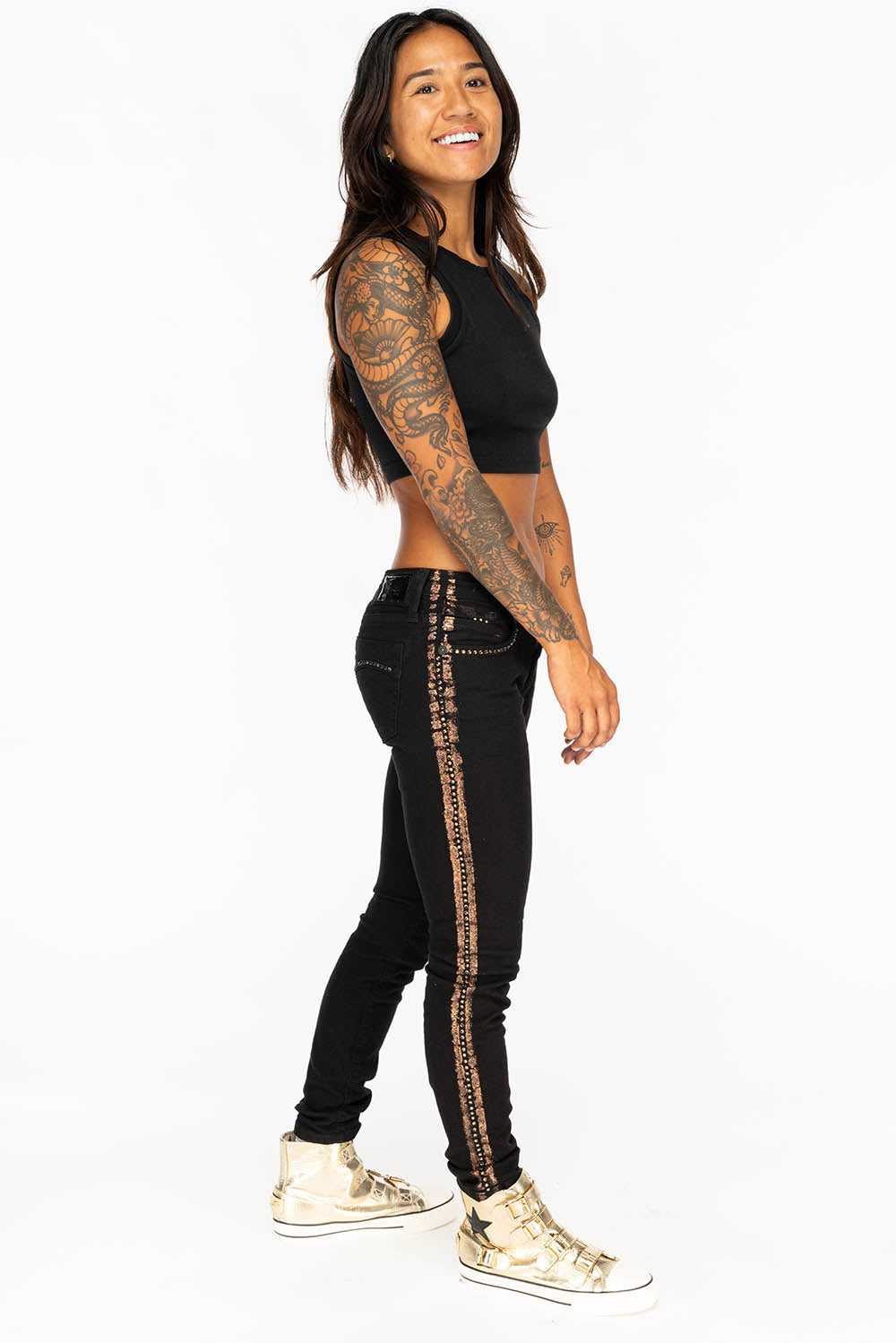 MARILYN WOMENS SKINNY JEANS IN BLACK WITH COPPER GLITTER TUXEDO STRIPE WITH SMOKEY TOPAZ CRYSTALS - Image 6