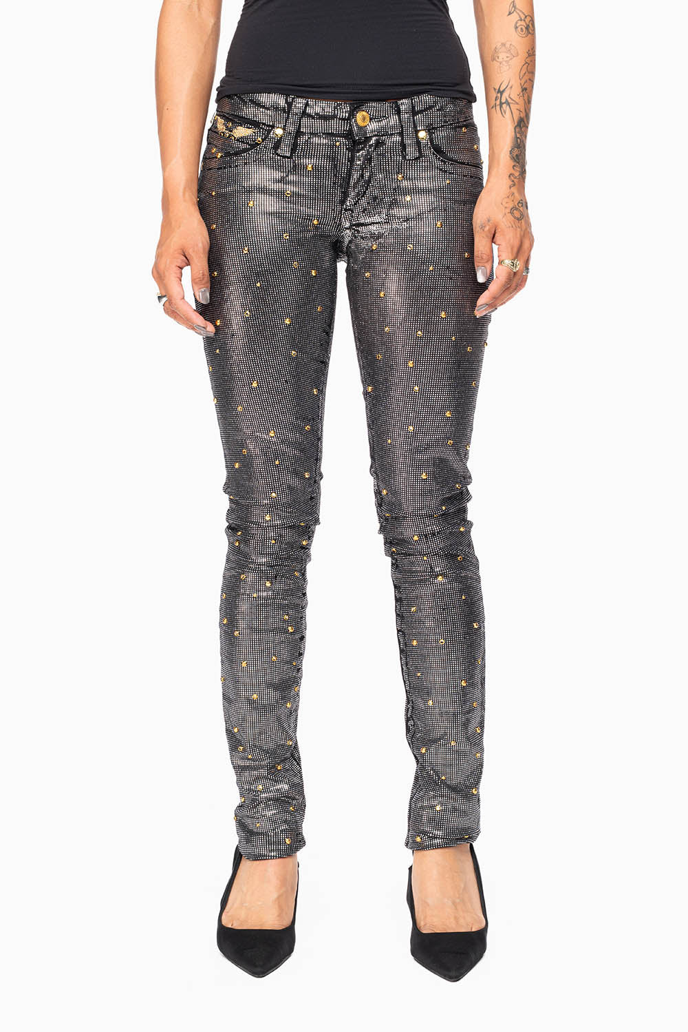 MARILYN WOMENS SKINNY JEANS IN DISCO BLK COATING WITH GOLD WINGS EMBELLISHED WITH CRYSTALS & STUDS