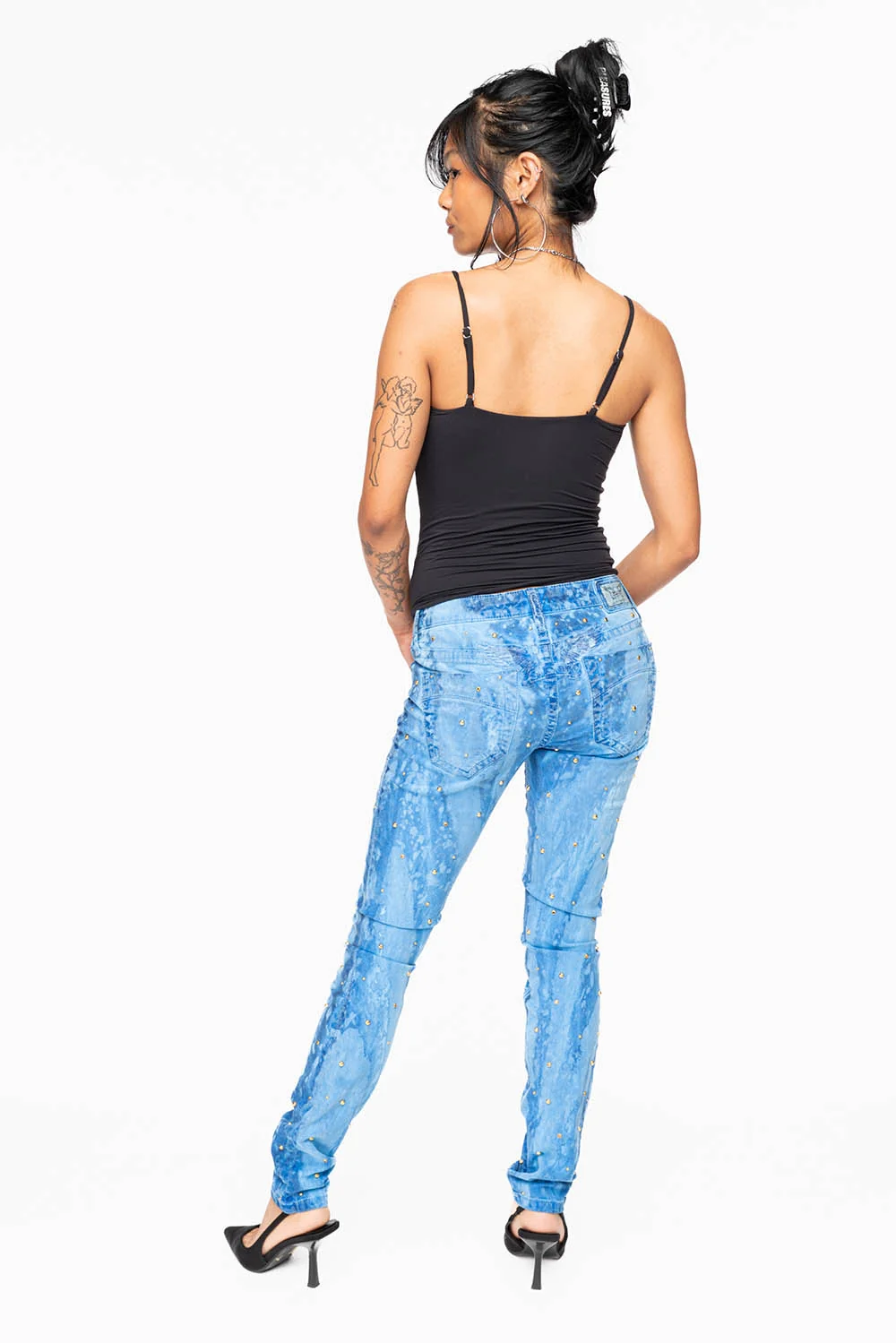 MARILYN WOMENS SKINNY JEANS IN GALAXY BLUE WITH TONAL WINGS EMBELLISHED WITH CRYSTALS & STUDS - Image 9