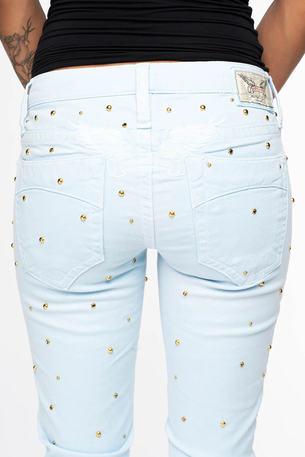MARILYN WOMENS SKINNY JEANS IN PASTEL BLUE WITH TONAL WINGS EMBELLISHED WITH CRYSTALS & STUDS - Image 3