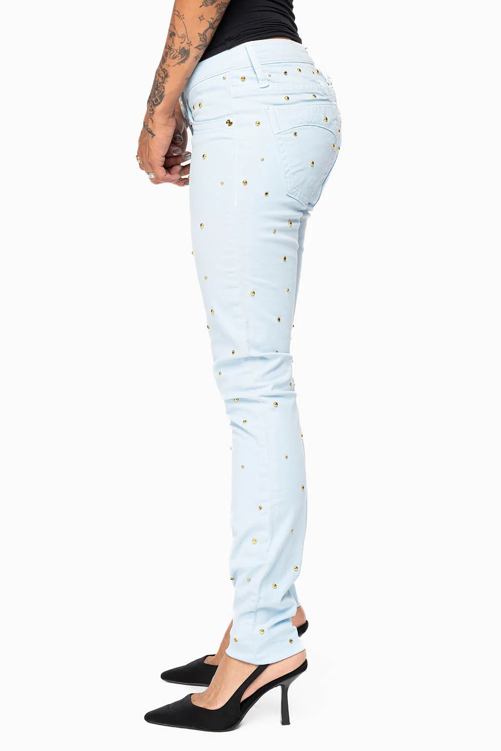 MARILYN WOMENS SKINNY JEANS IN PASTEL BLUE WITH TONAL WINGS EMBELLISHED WITH CRYSTALS & STUDS - Image 4