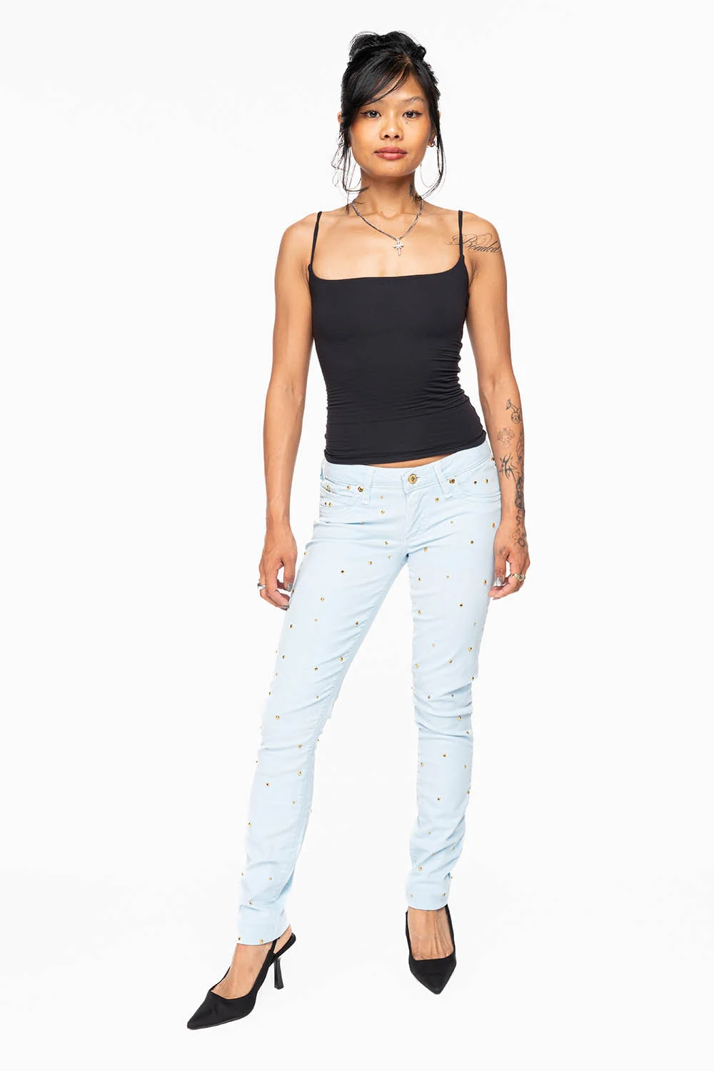 MARILYN WOMENS SKINNY JEANS IN PASTEL BLUE WITH TONAL WINGS EMBELLISHED WITH CRYSTALS & STUDS - Image 6