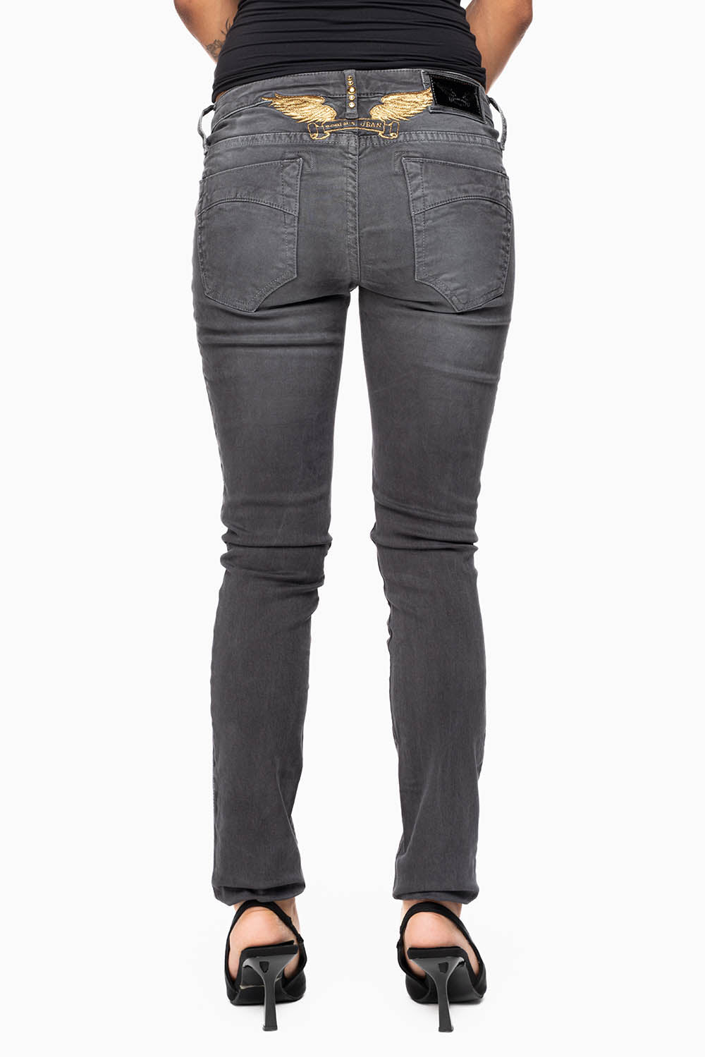 MARILYN WOMENS SKINNY JEANS IN PIGMENT SPRAY CHARCOAL WITH GOLD WINGS EMBELLISHED WITH CRYSTALS & STUDS - Image 5