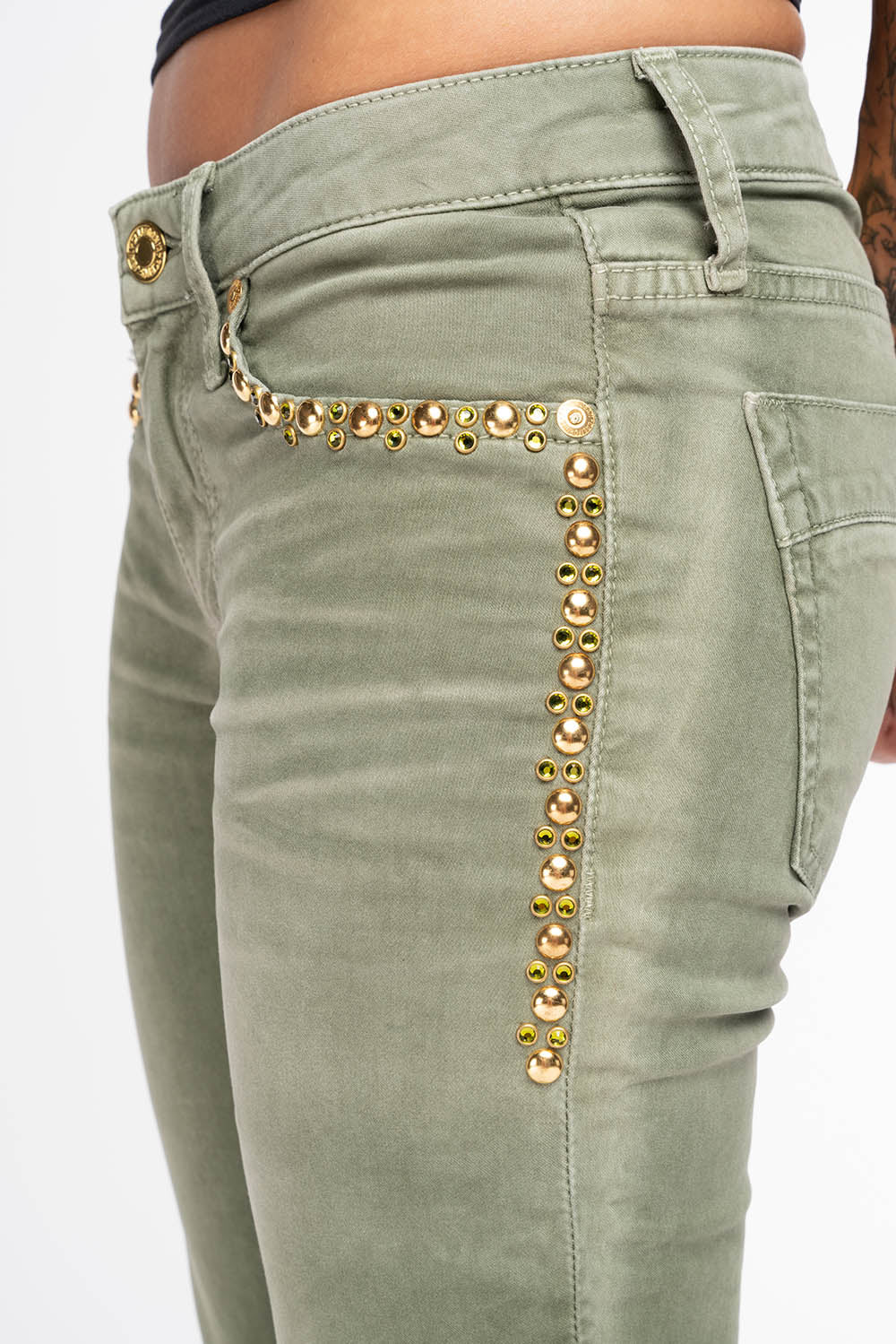 MARILYN WOMENS SKINNY JEANS IN PIGMENT SPRAY GREEN ARMY WITH GOLD WINGS EMBELLISHED WITH CRYSTALS & STUDS - Image 2