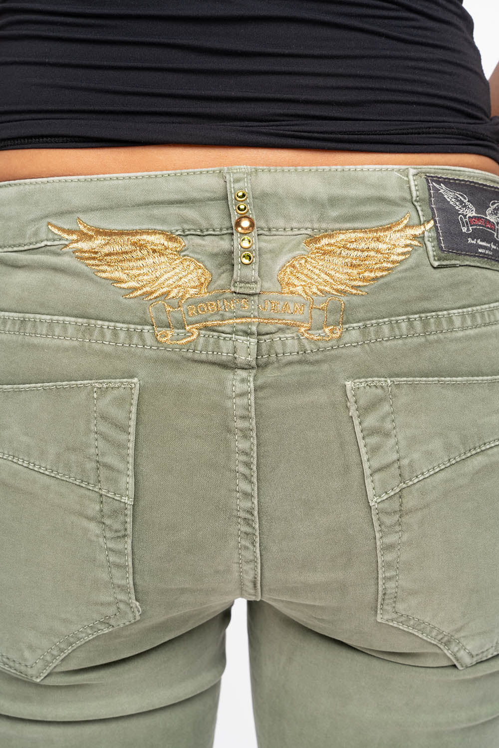 MARILYN WOMENS SKINNY JEANS IN PIGMENT SPRAY GREEN ARMY WITH GOLD WINGS EMBELLISHED WITH CRYSTALS & STUDS - Image 3