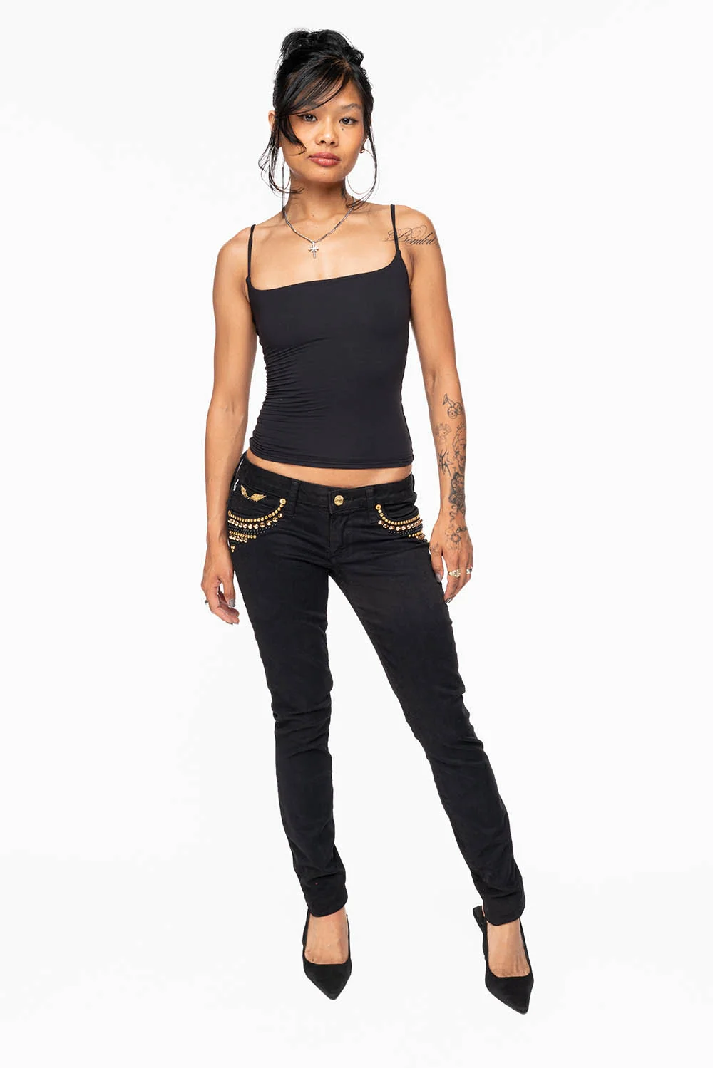 MARILYN WOMENS SKINNY JEANS IN PURE BLK WITH GOLD WINGS EMBELLISHED WITH CRYSTALS & STUDS - Image 6