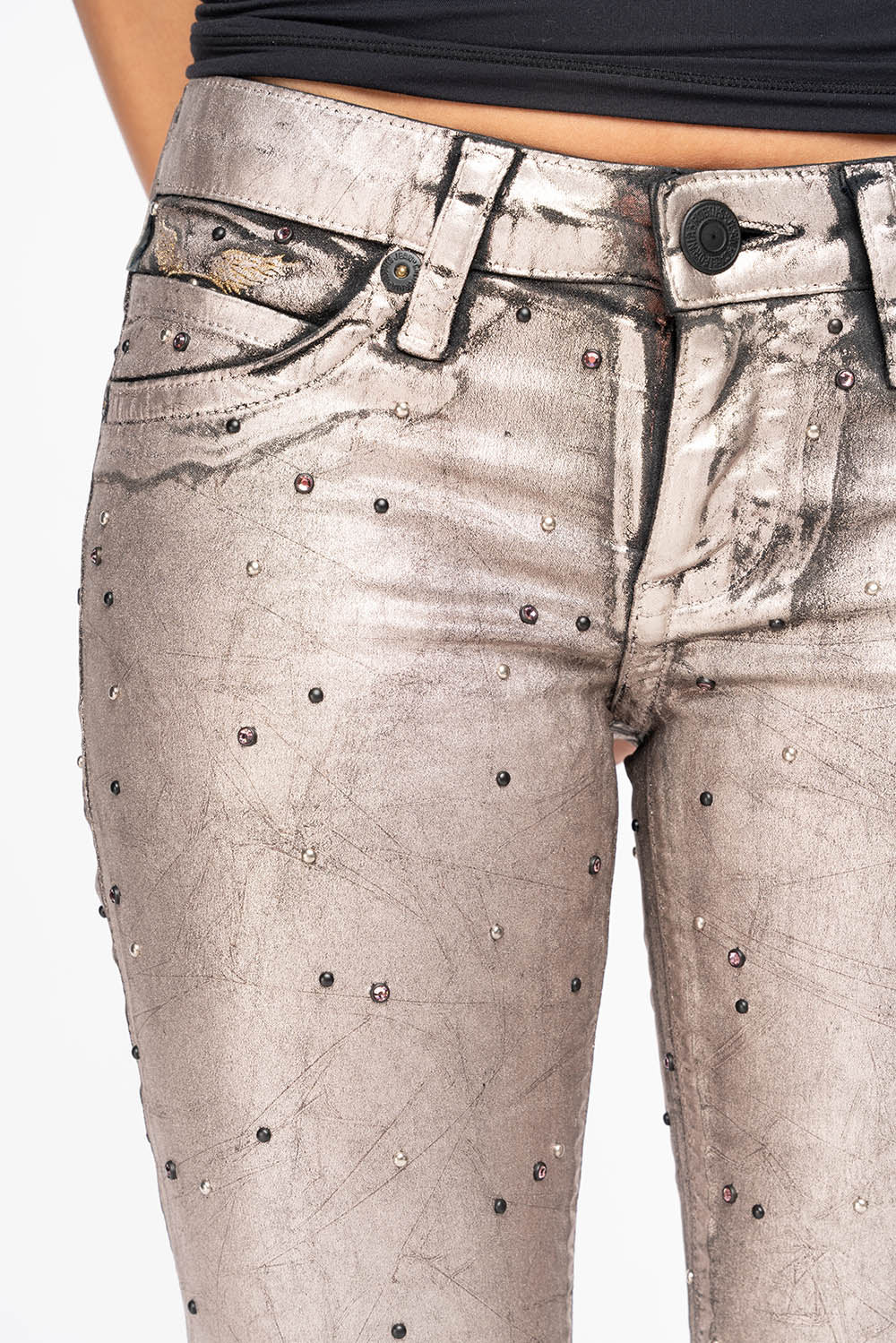MARILYN WOMENS SKINNY JEANS IN SUN RISE GOLD COATING WITH TONAL WINGS EMBELLISHED WITH CRYSTALS & STUDS - Image 2