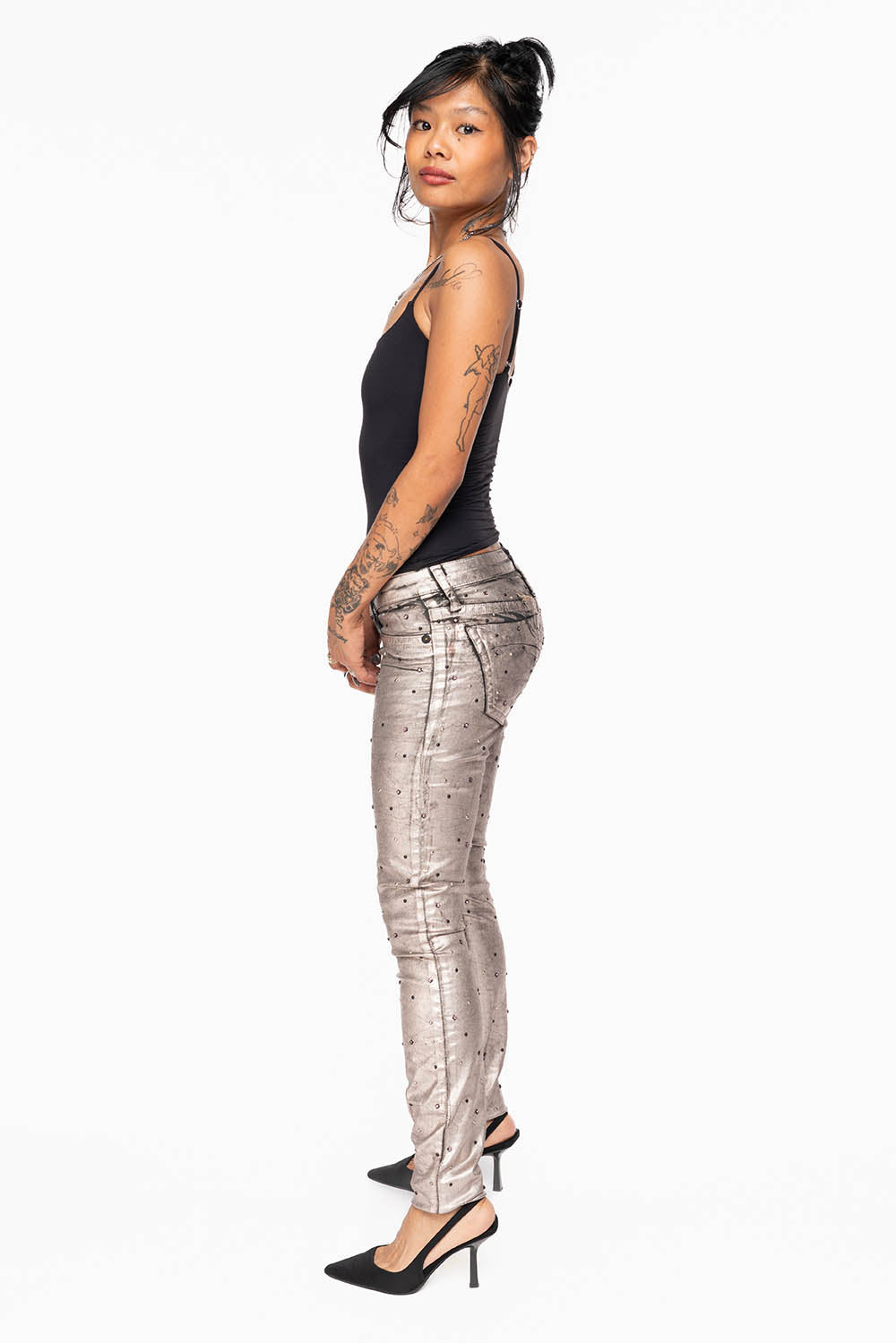 MARILYN WOMENS SKINNY JEANS IN SUN RISE GOLD COATING WITH TONAL WINGS EMBELLISHED WITH CRYSTALS & STUDS - Image 7