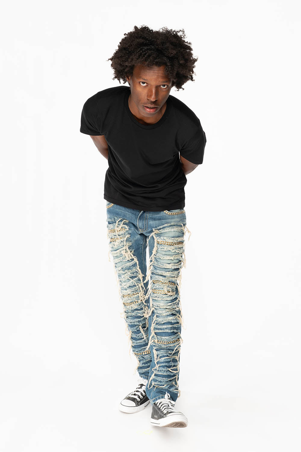 MARLON RIPPED,BROKEN HAND REPAIRED DENIM JEANS IN MANDAN BLUE WITH SMOKEY TOPAZ CRYSTALS AND  NAILHEADS - Image 6