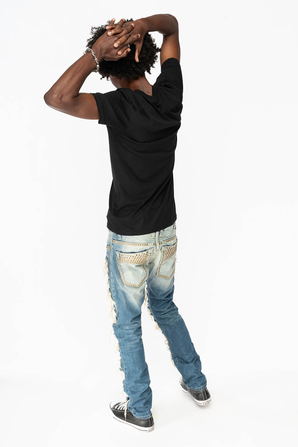 MARLON RIPPED,BROKEN HAND REPAIRED DENIM JEANS IN MANDAN BLUE WITH SMOKEY TOPAZ CRYSTALS AND  NAILHEADS - Image 7