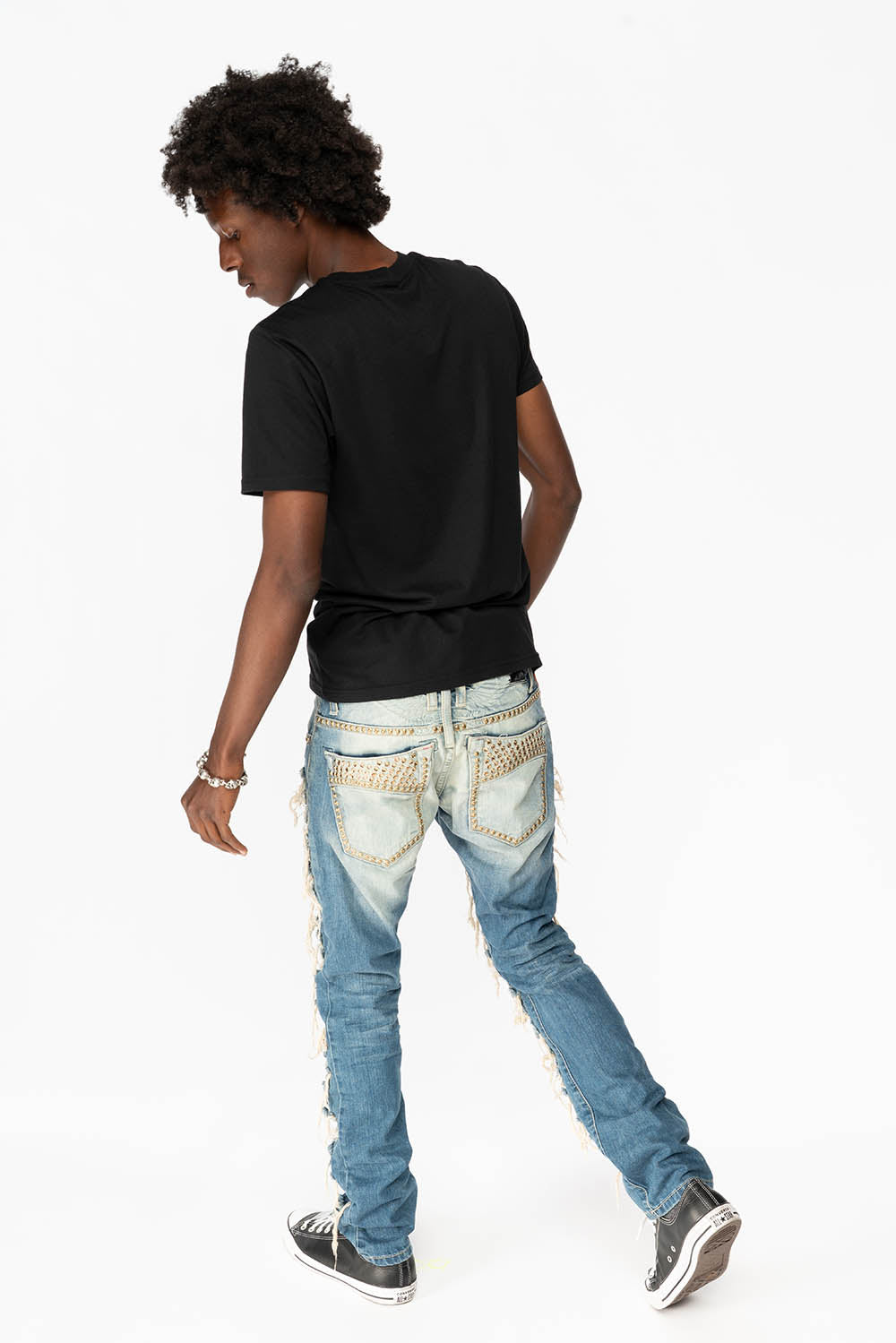 MARLON RIPPED,BROKEN HAND REPAIRED DENIM JEANS IN MANDAN BLUE WITH SMOKEY TOPAZ CRYSTALS AND  NAILHEADS - Image 8