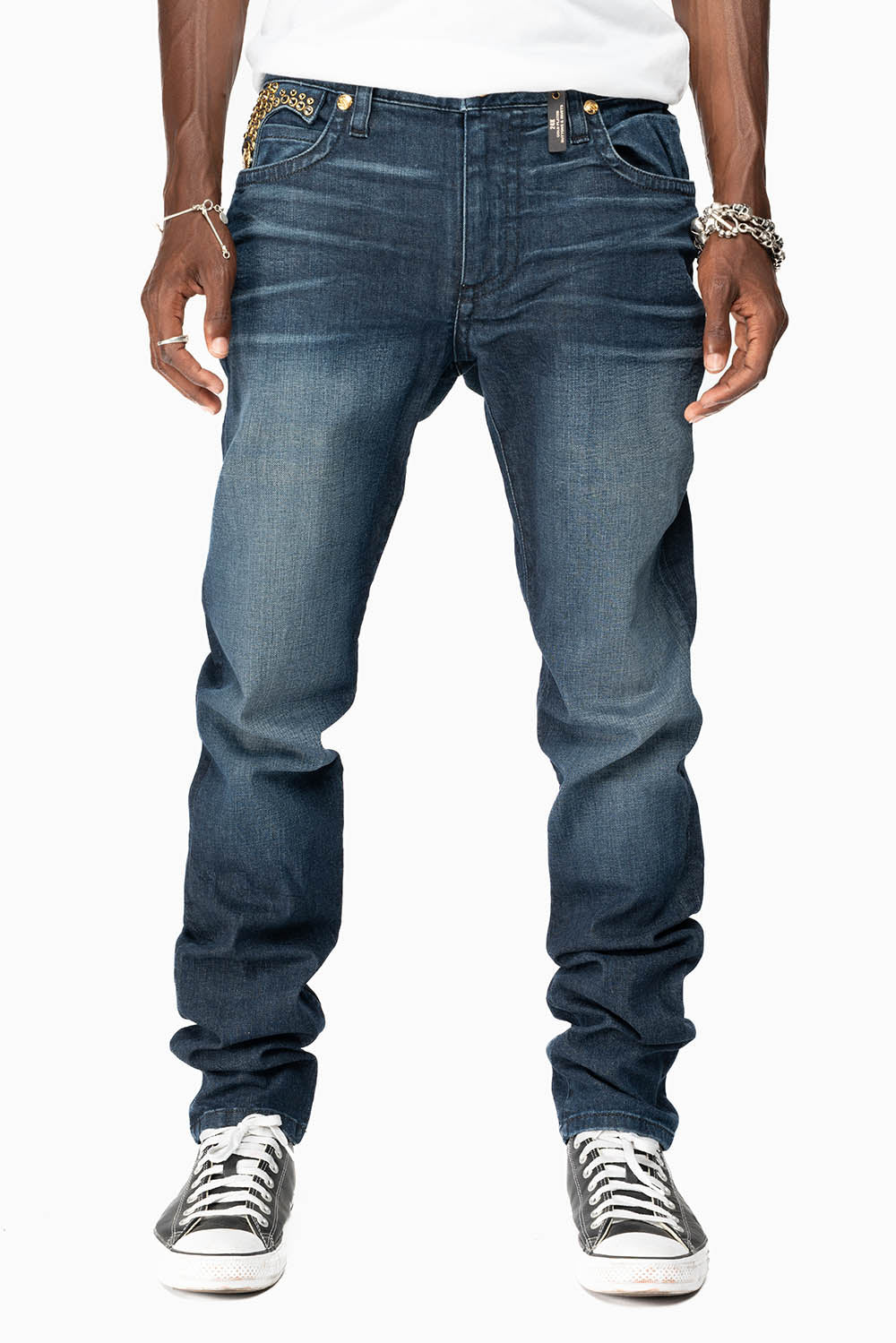 KILLER FLAP MENS SKINNY JEANS IN DARK BLUE WITH GOLD WINGS AND FULL CRYSTAL - Image 4
