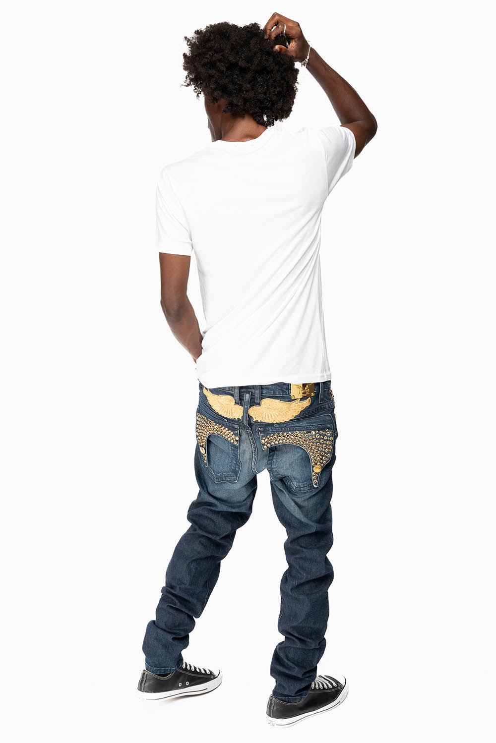 KILLER FLAP MENS SKINNY JEANS IN DARK BLUE WITH GOLD WINGS AND FULL CRYSTAL - Image 9