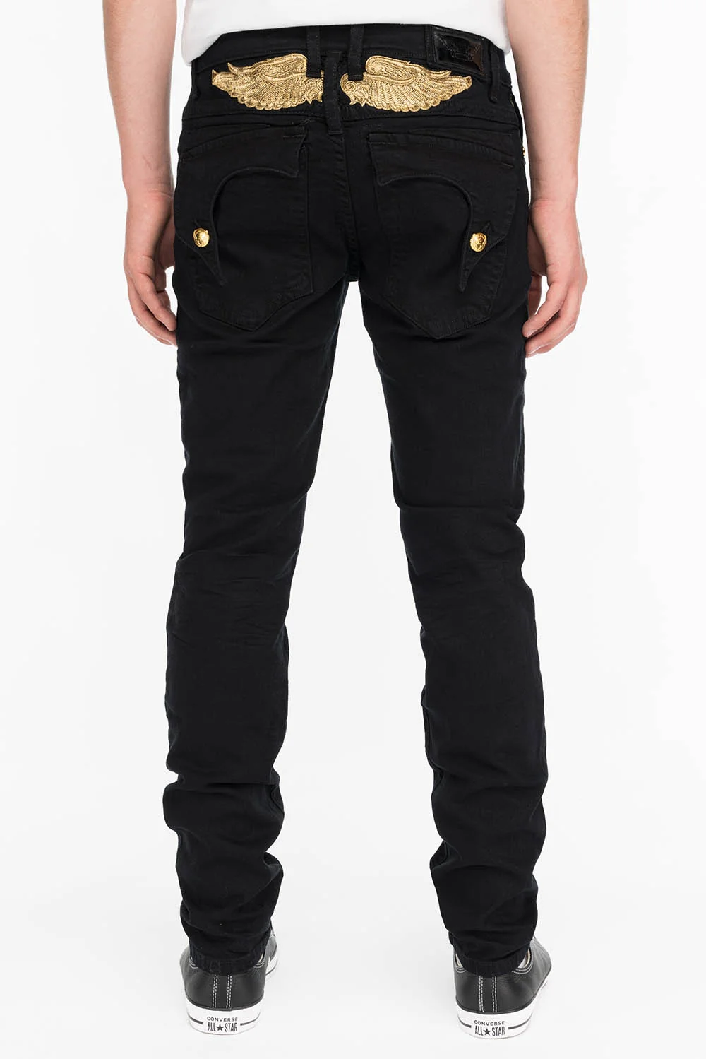 KILLER FLAP MENS SKINNY JEANS IN BLACK WITH GOLD WINGS - Image 4