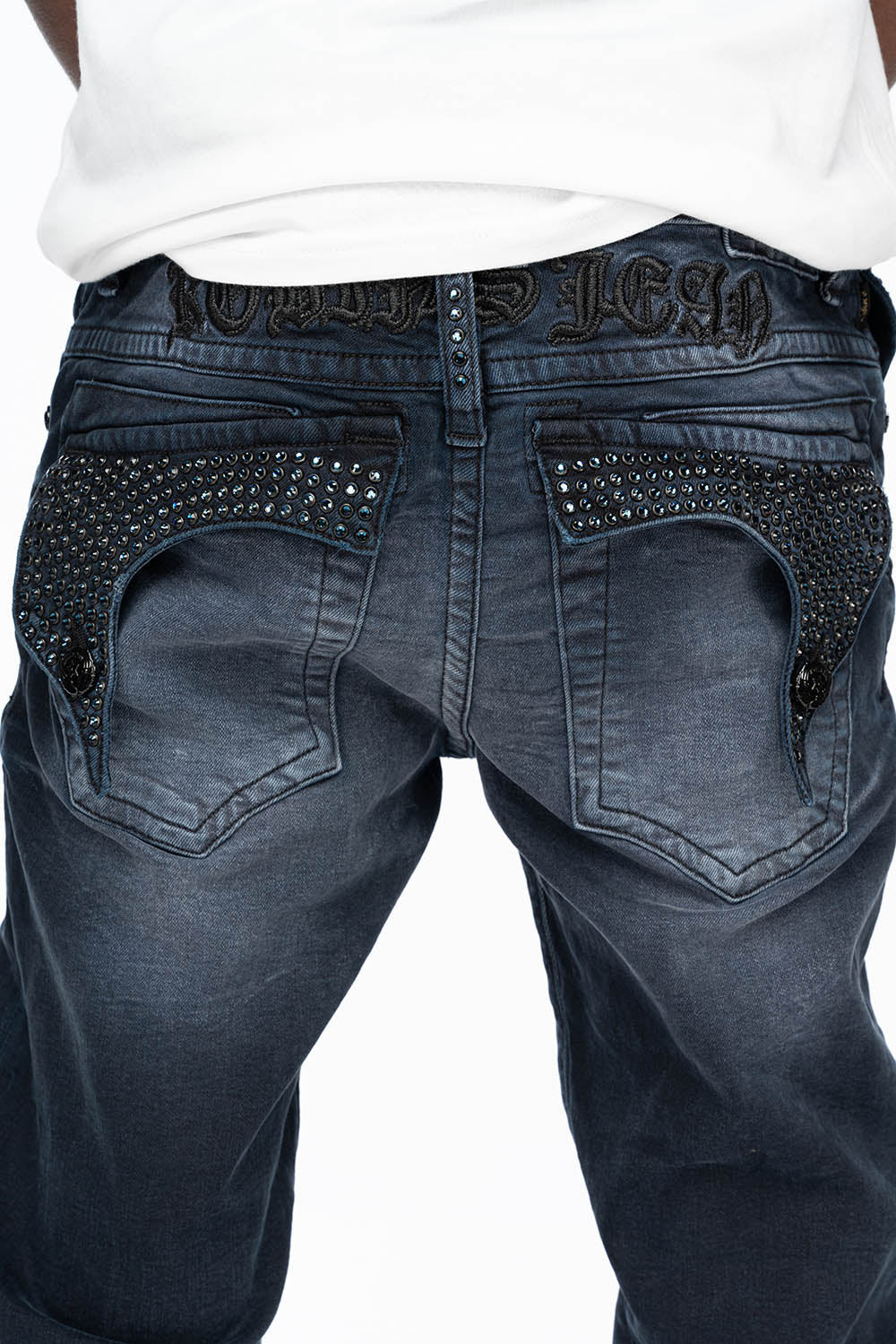 KILLER FLAP MENS SKINNY JEANS IN ANTIQUE PURPLE  WITH TONAL WINGS AND FULL CRYSTAL - Image 5
