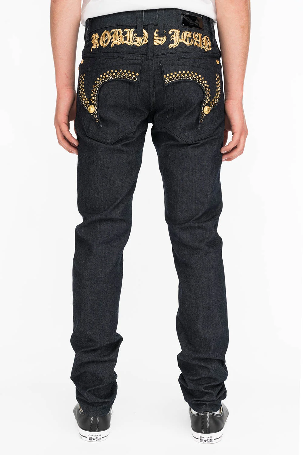 MENS RAW DENIM SLIM FIT KILLER FLAP JEANS WITH GOLD O.E. SCRIPT AND CRYSTALS - Image 2