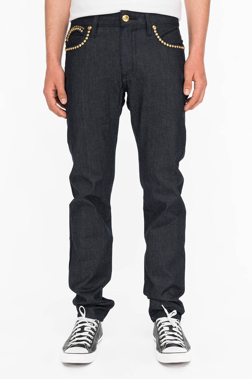 MENS RAW DENIM SLIM FIT KILLER FLAP JEANS WITH O.E. SCRIPT STUDS AND CRYSTALS - Image 3