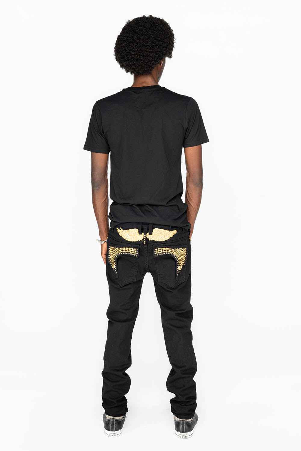 KILLER FLAP MENS SKINNY JEANS IN PURE BLACK WITH GOLD WINGS AND FULL CRYSTAL - Image 5